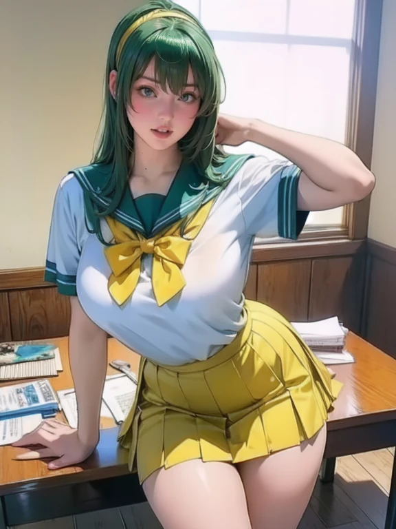 FujisaKishiori , 1 girl, Alone, green hair, long hair, hair band, Brown Eyes, yellow bow, school uniform, skirt ,プリーツ skirt ,Serafuku,青い skirt , uses a , big_chest,
Kubby, smile, , Room School ,
Masterpiece, expensive quality, very_expensive_resolution, big_ file size , full color ,