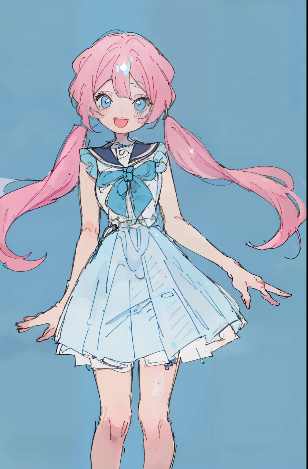 1girl solo twintails hatsune_miku long_hair white_footwear blue_eyes smile white_background blue_hair very_long_hair simple_background wrist_cuffs sleeveless :d looking_at_viewer blue_sailor_collar dress bangs frills standing_on_one_leg sailor_collar standing open_mouth white_dress streaked_hair multicolored_hair pink_hair hair_between_eyes bare_shoulders single_wrist_cuff