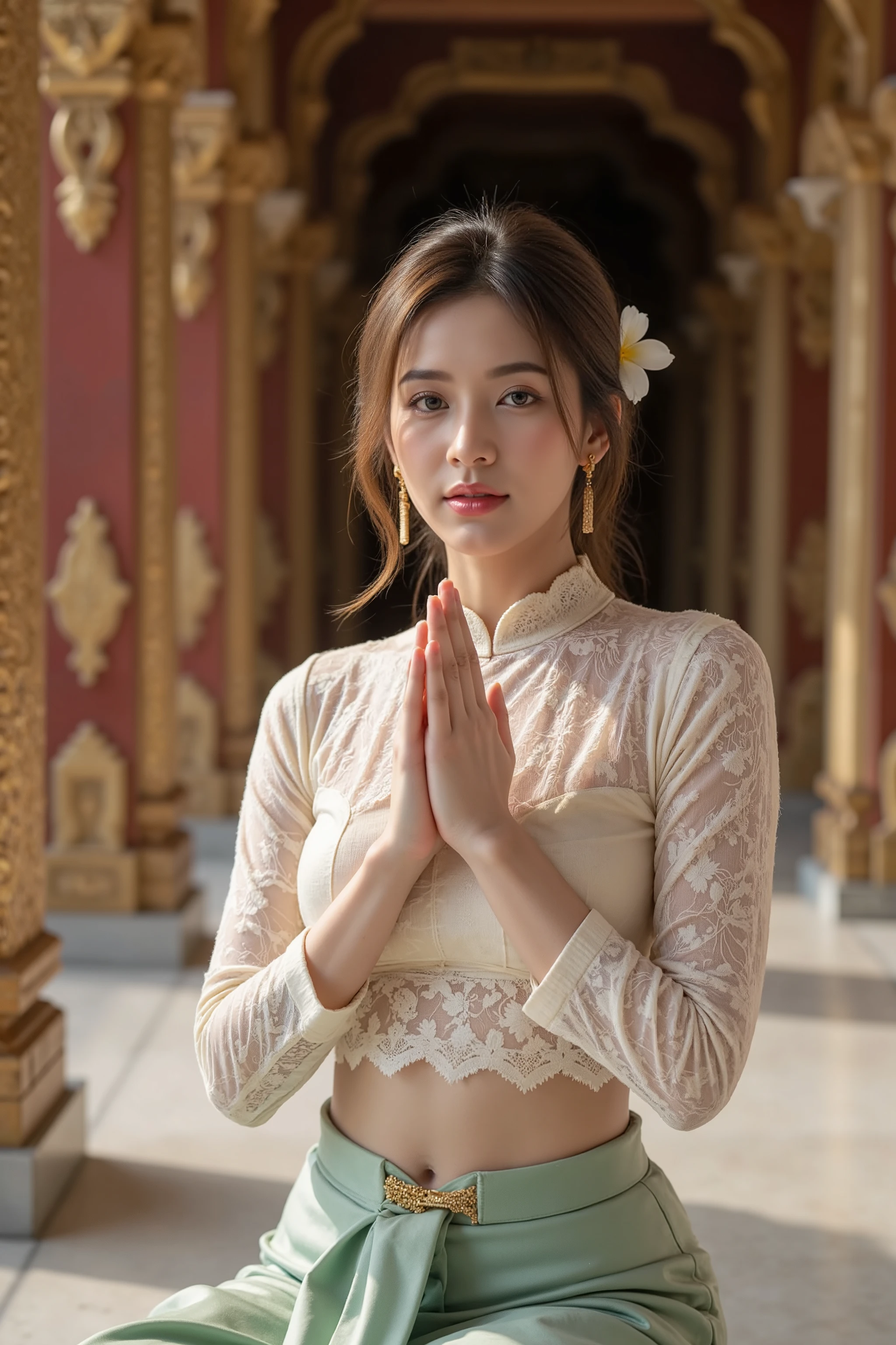 A full-body portrait of a stunning Thai woman dressed in traditional Thai attire. She wears a cream-colored lace top with a high collar and long sleeves, paired with a mint-green silk sarong adorned with a golden belt detail. Sitting gracefully on a polished temple floor in a traditional Thai sitting position, she performs a respectful wai gesture with a serene expression. Her hair is styled in a classic Thai updo, decorated with a single white plumeria flower, and she accessorizes with elegant golden drop earrings and a matching necklace. The setting is a grand Thai temple corridor, featuring intricate golden-carved pillars and warm sunlight filtering through columns, casting dramatic shadows and light. The symmetrical composition highlights the red and gold pillars, leading toward a dark doorway, while the polished marble floor mirrors the scene. The image is captured in soft cinematic lighting, with a dreamy, film-like quality.
