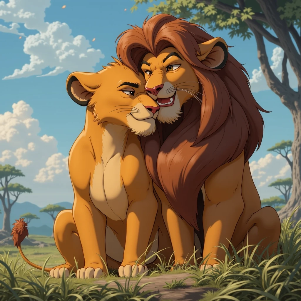 A lion and a lioness in love hugging each other 3d the male with dark skin and the female with blonde hair 