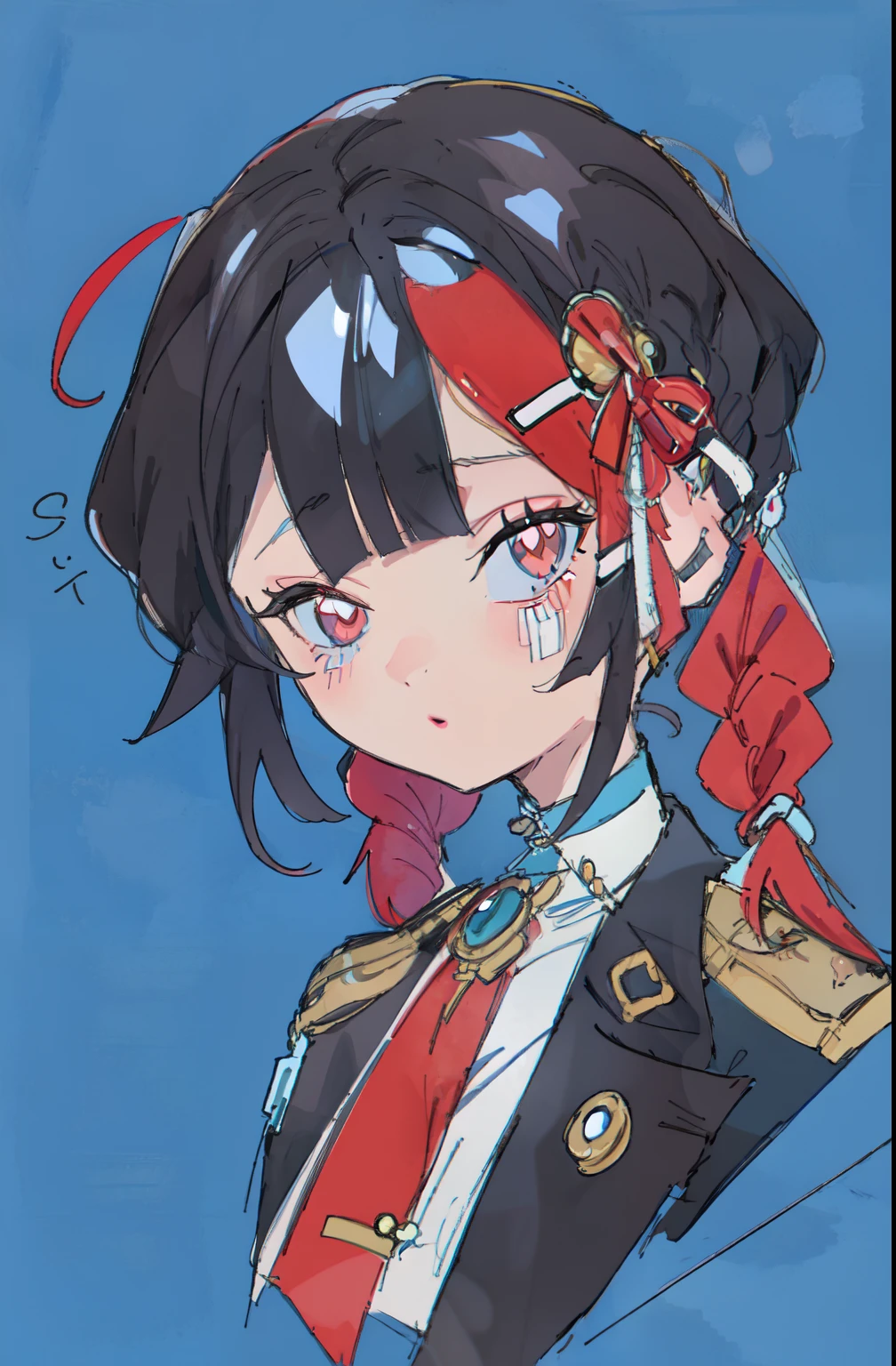 tianliang duohe fangdongye,
best quality,1girl,short black hair,red eyes,looking at viewer,half body,holding a school bag,wearing a seifuku,under the clear day sky,high resolution illustration,A full art illustration in a flat anime style,her twin braids and jewelry adding to her charm. An upper body portrait of this unique character with one eye red,