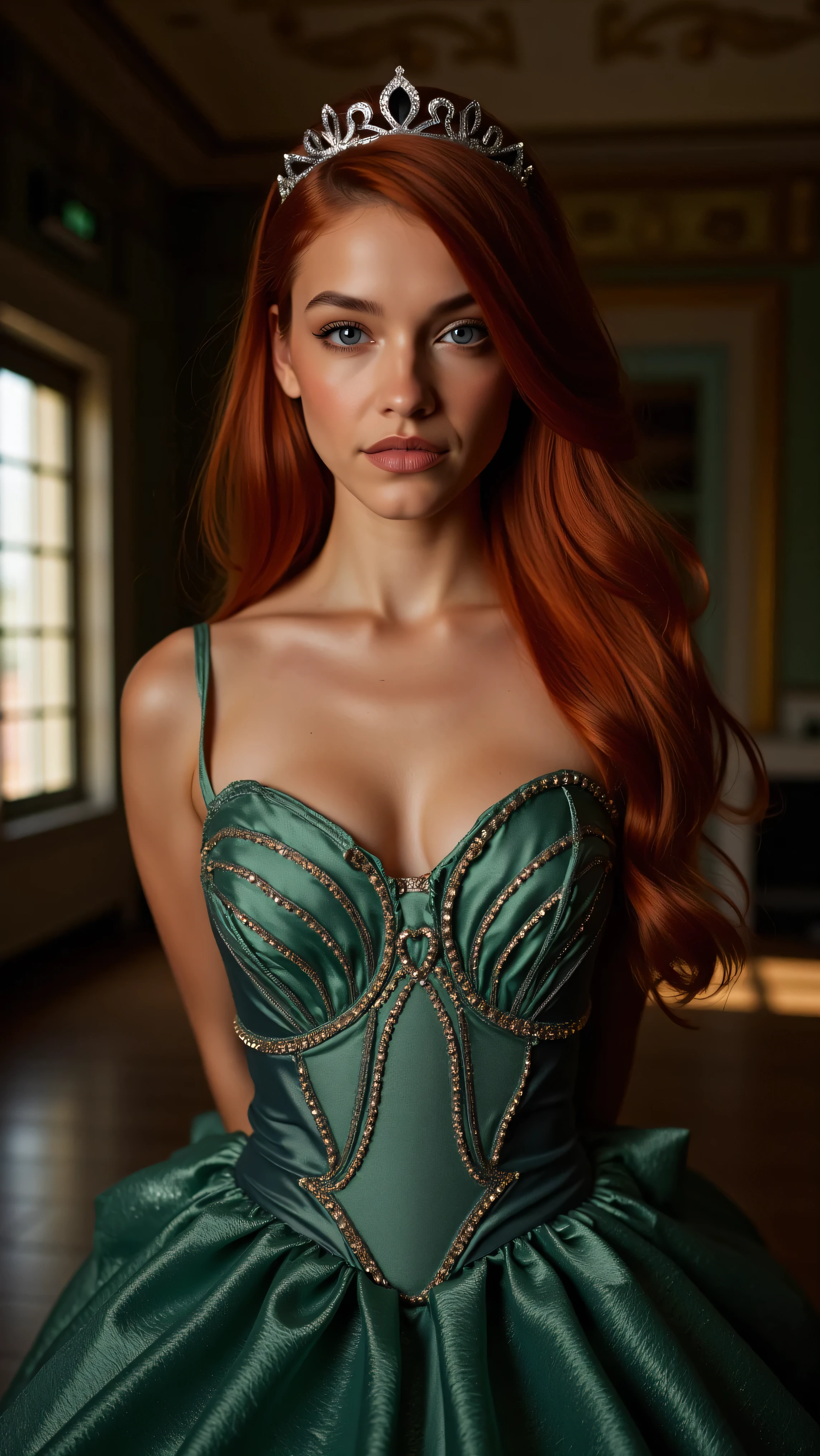 Very Close-up high angle portrait  with a fish eye lens of a busty figure, a   in a ariel costume with her breasts bursting out of the bodice, the bodice is too small for her breasts, ornate ball gown, ((18 years old with tiny breasts; Disney princess Ariel costume; glued to the body; beautiful and elegant; tiny breasts; red hair swept to the side))) and piercing gaze, standing in a dimly lit palace room with ornate designs and a high ceiling, with just a hint of early morning sunlight peeking through the windows. She stands firm, hands clasped behind her back, as she gives a slight  smile. The lighting in the room is dim with a lot focus on her tiny breasts