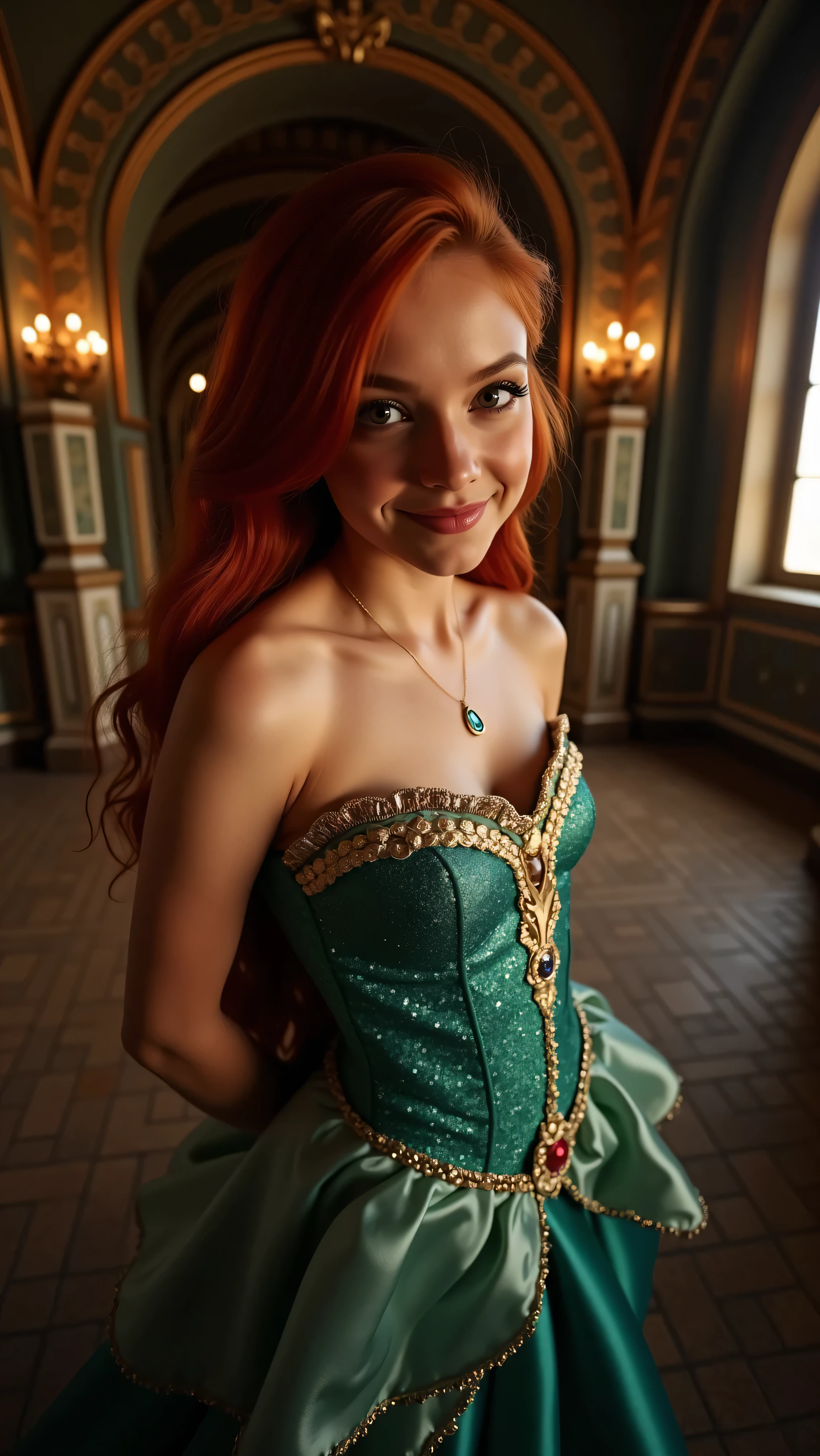 Very Close-up high angle portrait with a fish eye lens of a busty figure, a in a ariel costume with her breasts bursting out of the bodice, the bodice is too small for her breasts, ornate ball gown, ((18 years old with tiny breasts; Disney princess Ariel costume; glued to the body; beautiful and elegant; tiny breasts; red hair swept to the side))) and piercing gaze, standing in a dimly lit palace room with ornate designs and a high ceiling, with just a hint of early morning sunlight peeking through the windows. She stands firm, hands clasped behind her back, as she gives a slight smile. The lighting in the room is dim with a lot focus on her tiny breasts