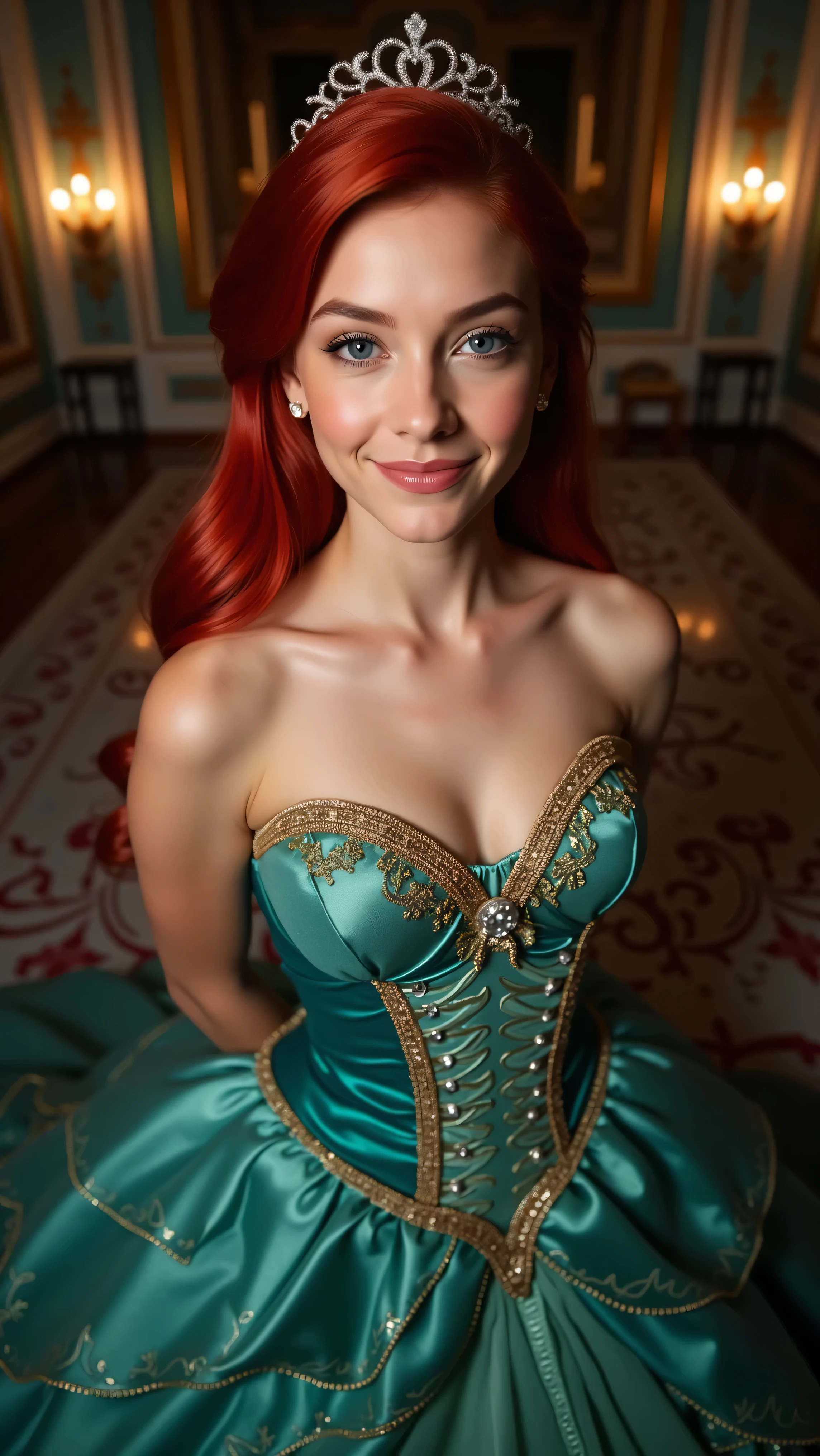 Very Close-up high angle portrait with a fish eye lens of a busty figure, a in a ariel costume with her breasts bursting out of the bodice, the bodice is too small for her breasts, ornate ball gown, ((18 years old with tiny breasts; Disney princess Ariel costume; glued to the body; beautiful and elegant; tiny breasts; red hair swept to the side))) and piercing gaze, standing in a dimly lit palace room with ornate designs and a high ceiling, with just a hint of early morning sunlight peeking through the windows. She stands firm, hands clasped behind her back, as she gives a slight smile. The lighting in the room is dim with a lot focus on her tiny breasts