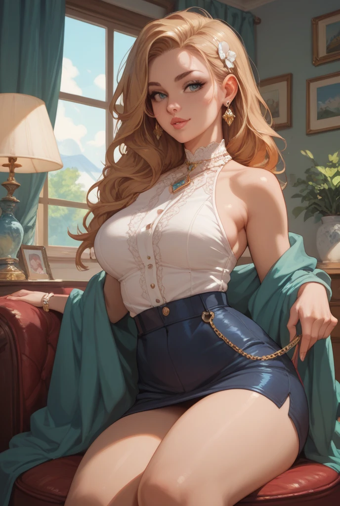 (Blonde stunning hair), (blue eyes), blue necklace, Golden earrings, Fit, Gorgeous Body, gorgeous, brown eyebrows, (two moles over lip), big pupils, (23 years old), 1girl,solo, complex skin, warm light, (large breasts), wide thighs, round butt, 5 fingers, ((blushing)), ((detailed face, best quality)), (masterpiece)), ((ultra-detailed)), (beautiful detailed eyes), red lip, eyeshadow, beautiful face, long hair, very detailed eyes, intricate details in eyes, perfect lips, good lighting, hot clothes, cleavage ((socks in frame, show socks)), five toes, in living room, pink couches, full body 
