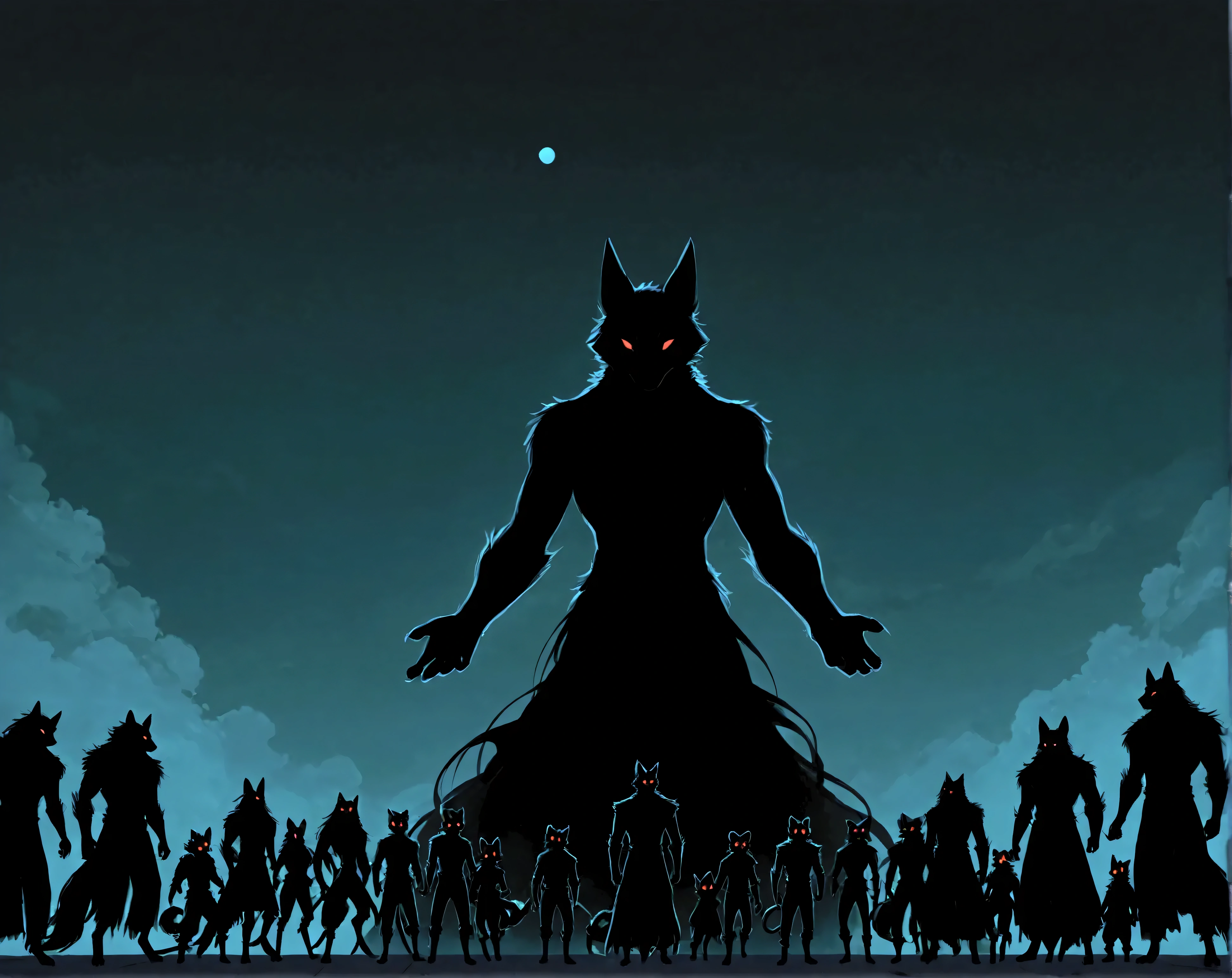 Create a scene of mysterious group of animal and anthro creatures lurking in the shadows, their glowing red eyes piercing through the darkness. The background should feature a gradient transition from deep red at the top to pitch black at the bottom, adding an ominous and suspenseful atmosphere. The creatures should have sleek, shadowy forms, blending seamlessly with the darkness while their eyes stand out vividly, furry, exuding an eerie, otherworldly glow, cinematic wide shot, (multiple creatures, multi shot, group, many, more than one)