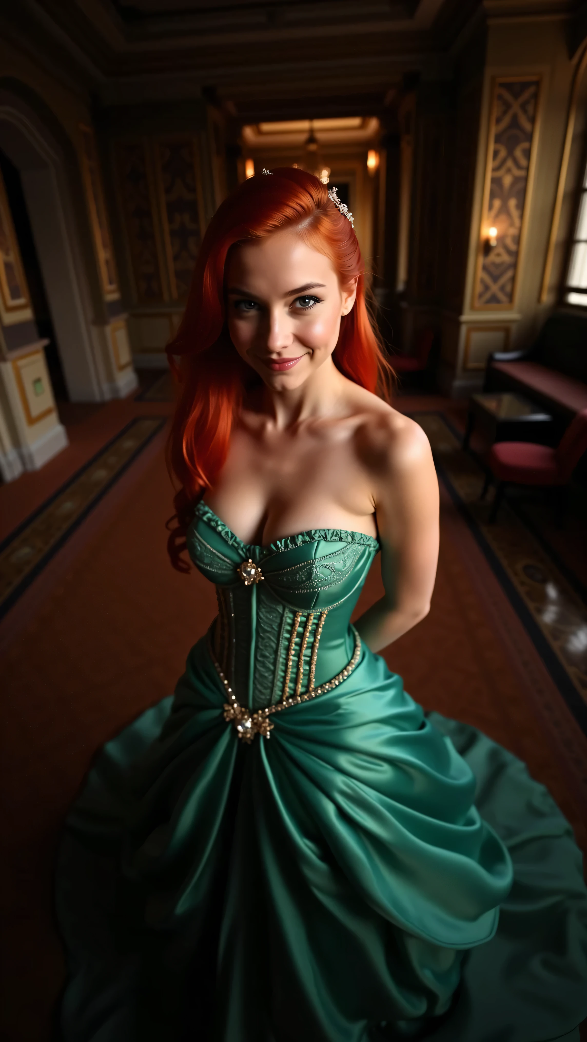 Very Close-up high angle portrait with a fish eye lens of a busty figure, a in a ariel costume with her breasts bursting out of the bodice, the bodice is too small for her breasts, ornate ball gown, ((18 years old with tiny breasts; Disney princess Ariel costume; glued to the body; beautiful and elegant; tiny breasts; red hair swept to the side))) and piercing gaze, standing in a dimly lit palace room with ornate designs and a high ceiling, with just a hint of early morning sunlight peeking through the windows. She stands firm, hands clasped behind her back, as she gives a slight smile. The lighting in the room is dim with a lot focus on her tiny breasts