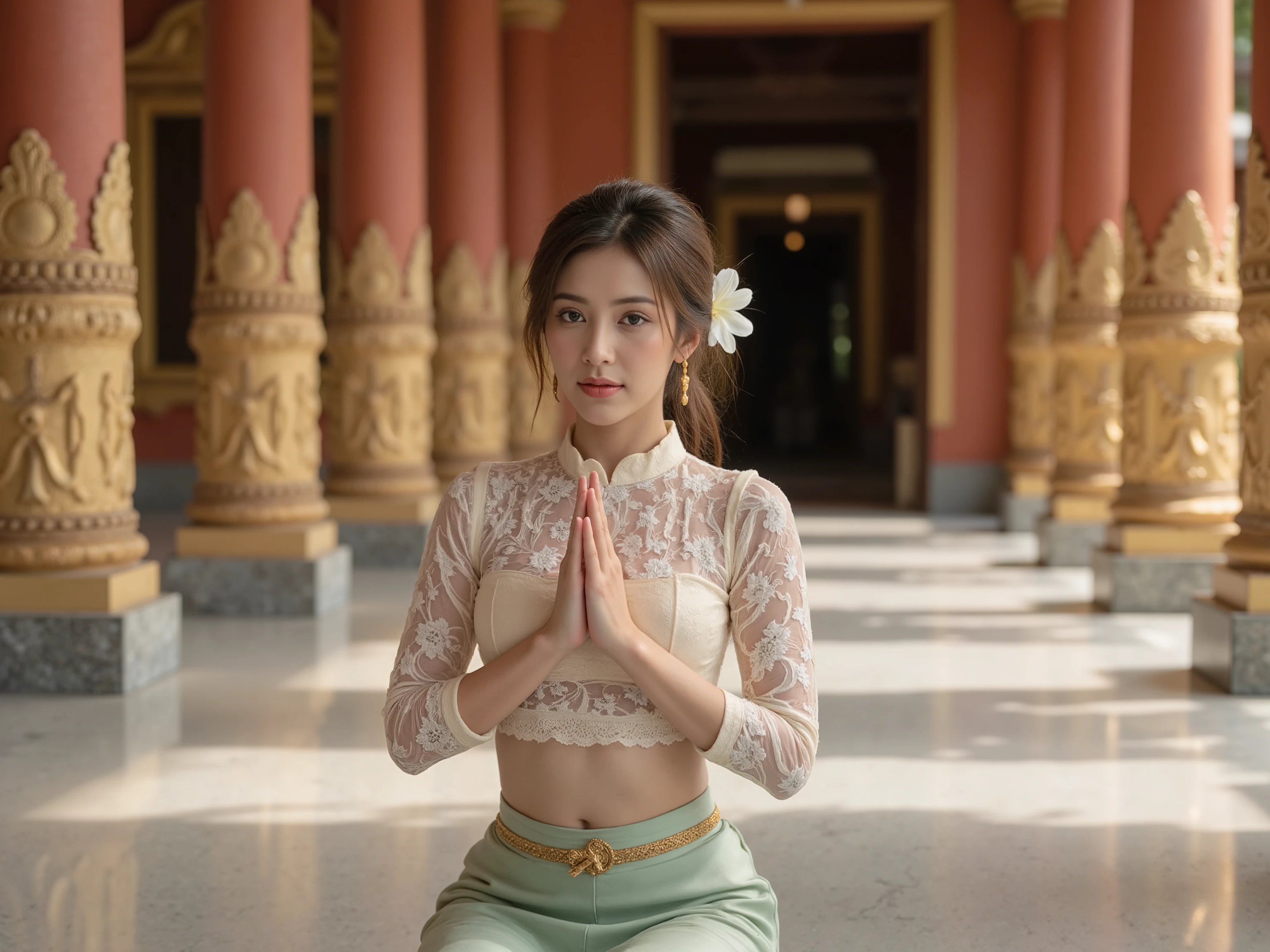 A full-body portrait of a stunning Thai woman dressed in traditional Thai attire. She wears a cream-colored lace top with a high collar and long sleeves, paired with a mint-green silk sarong adorned with a golden belt detail. Sitting gracefully on a polished temple floor in a traditional Thai sitting position, she performs a respectful wai gesture with a serene expression. Her hair is styled in a classic Thai updo, decorated with a single white plumeria flower, and she accessorizes with elegant golden drop earrings and a matching necklace. The setting is a grand Thai temple corridor, featuring intricate golden-carved pillars and warm sunlight filtering through columns, casting dramatic shadows and light. The symmetrical composition highlights the red and gold pillars, leading toward a dark doorway, while the polished marble floor mirrors the scene. The image is captured in soft cinematic lighting, with a dreamy, film-like quality.