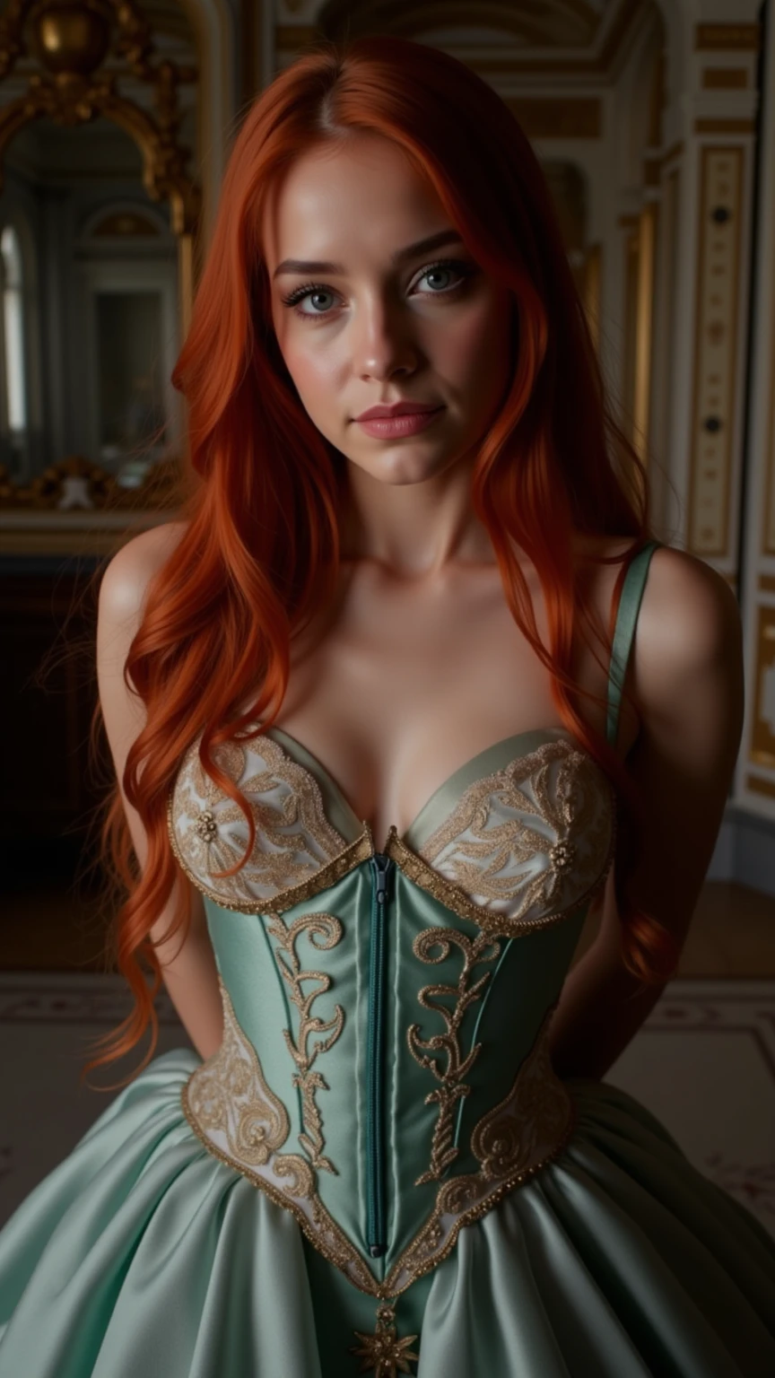 RAW,, Nikon Z 85mm, award-winning glamorous photography, beautiful 18-year-old sixteenth-century Russian, wearing low-cut dress and tight corset, she is in a medieval tavern, lit candle, small, large breasts, braided red hair, innocent blue eyes, ((highly detailed skin, skin details)), sharp focus, 8k uhd, dslr, high quality, film grain, russian face