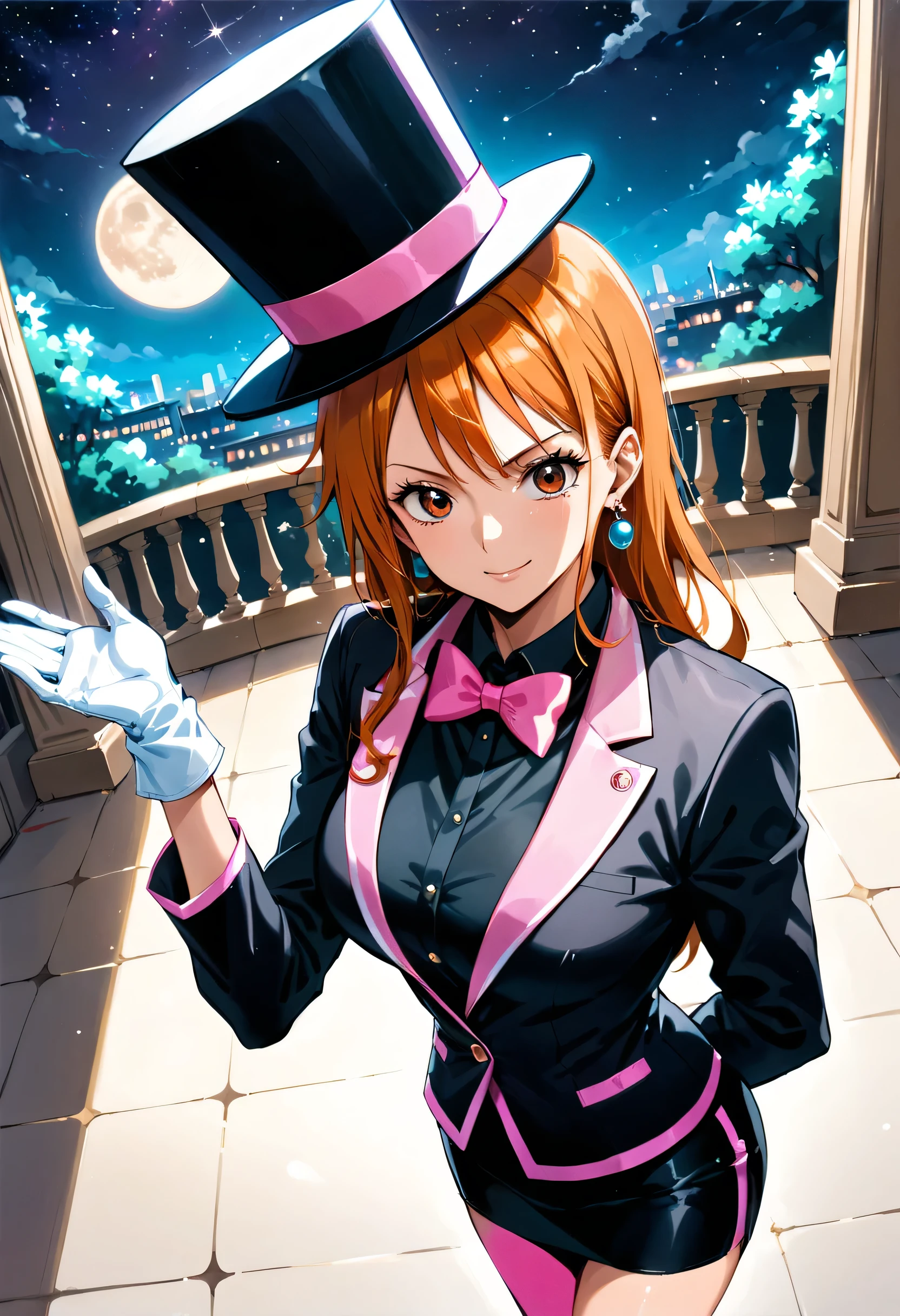 (masterpiece, best quality, ultra detailed), solo, 1girl, nami, one piece, long orange hair, earrings, brown eyes, sleek legs, (((oversized black silk top hat with pink trim))), (((black dinner jacket with pink trim, long sleeved))), ((dark pink bowtie)), (((black miniskirt with pink trim))), ((black high heels)), ((white gloves)), (smiling, coy, confident), (dapper), posing in a marble courtyard, (night scene, starry background, full moon in the sky), standing with both hands behind back, eyes closed, (glamorous pose), razzle dazzle vibes, close up shot, facing the viewer