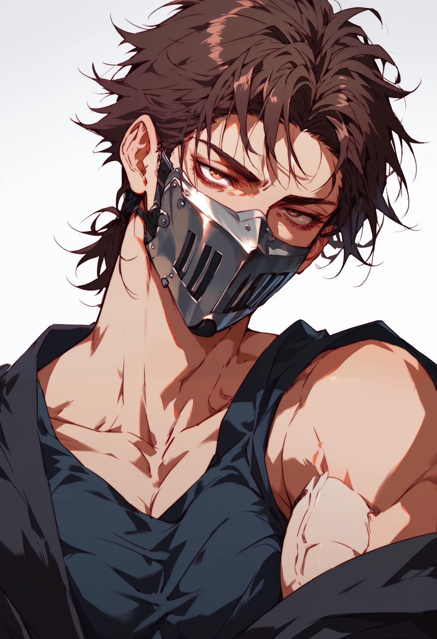one man, face hidden by prosthetic mask covering all face, wavy brown hair shoulder lenght, brown eyes, simple background, dark clotches, muscular body