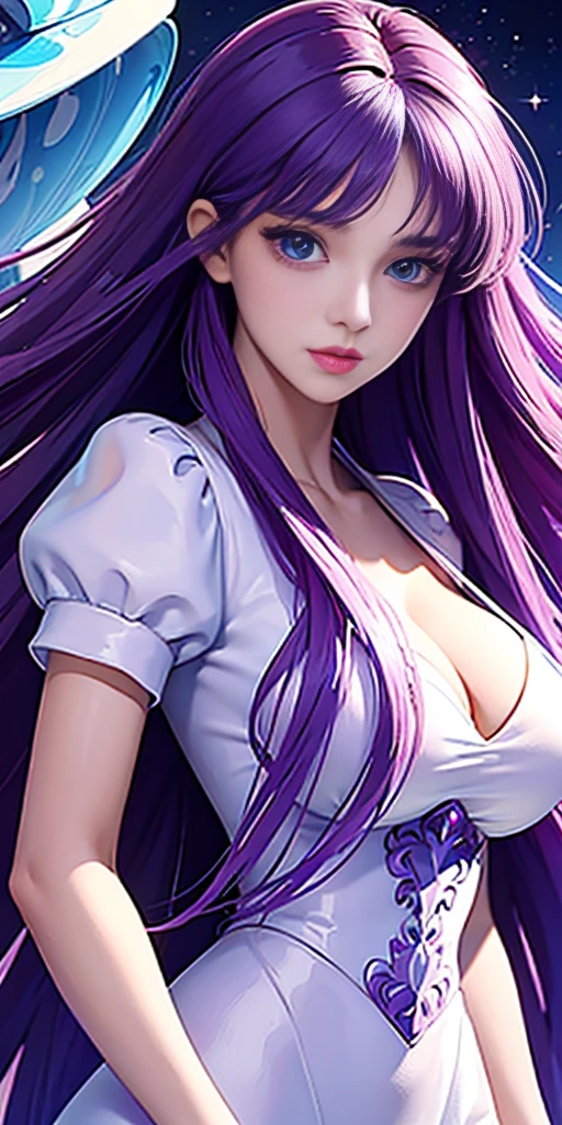 masterpiece, best quality, beautiful detailed hair detailed face, perfect feminine face, (happy:1.2), (close-up potrait:1.2), a beautiful and cute girl with sparkling and glowing purple hair, ahoge, side hair, huge cleavage, very long hair, wearing white shirt with long sleeves, floating hair by wind, shiny skin, shiny foreheads, (sparkle particle), lens flare, sharp focus, volumetric lighting, trending on artstation, pixiv, by sakimichan, george kamitani, akira yasuda, alphonse mucha, greg rutkowski, gil elvgren, william-adolphe bouguereau, (from above:1.2), confetti rain