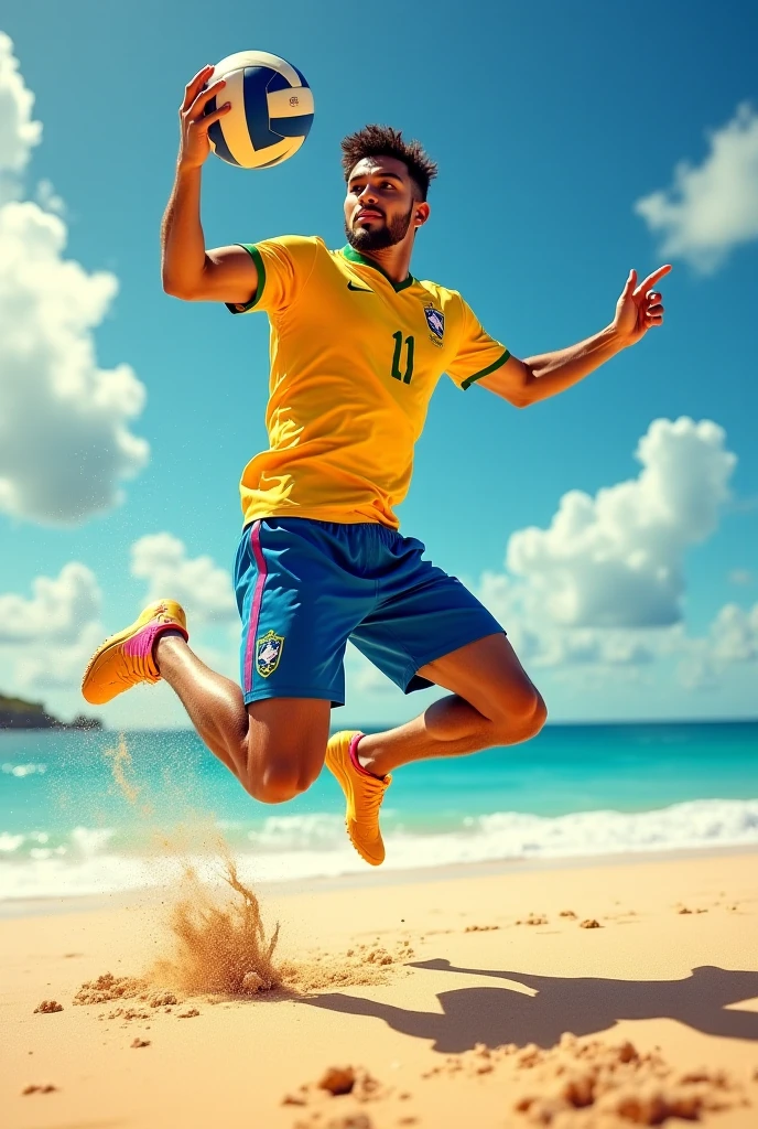 A handsome 27-year-old tall white young man in a men's fashion show on the beach shore wearing a green, yellow and blue Brazilian swimsuit with a beach ball in his hand. Many people applaud him and bubbles are around him. Tight boxer shorts in the colors of the Brazilian flag. Unshaved, white, tall with black hair flaquito