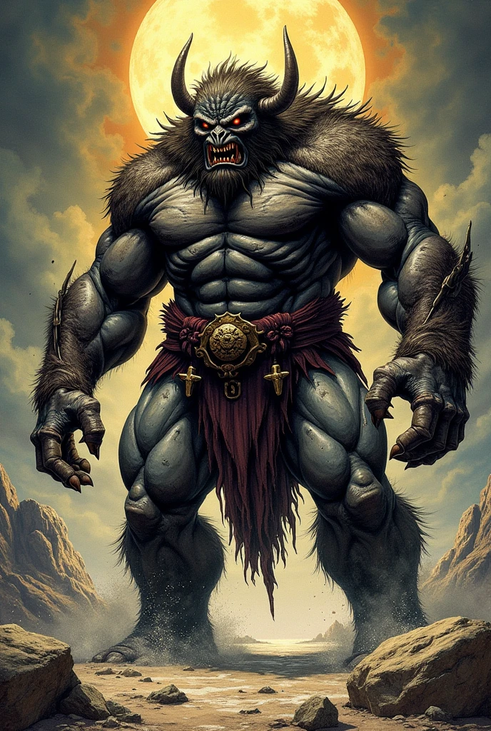 A burly, virile, and hairy werewolf with distinct wolf ears and a bushy tail, standing tall and proud against a full moonlit sky. His fur is thick and majestic, framing a powerful physique that is overmuscular and musclebound to the extreme. His broad shoulders and massive chest are accentuated by a thick mane of fur that cascades down his torso, while his overly thick arms and legs are covered in a lush, dark fur. The werewolf's body is a hulking figure, swelling with swollen muscles, veins bulging against his skin. His face is dominated by a long, bushy beard and a thick mustache, and his hair, which is beginning to grey with age, only serves to add to his rugged and imposing appearance. He is dressed in a traditional fundoshi, a Japanese loincloth, which struggles to contain his immense size and bulk. The werewolf's eyes glow a chilling shade of amber, reflecting the power and ferocity that simmers just beneath the surface of his burly exterior.