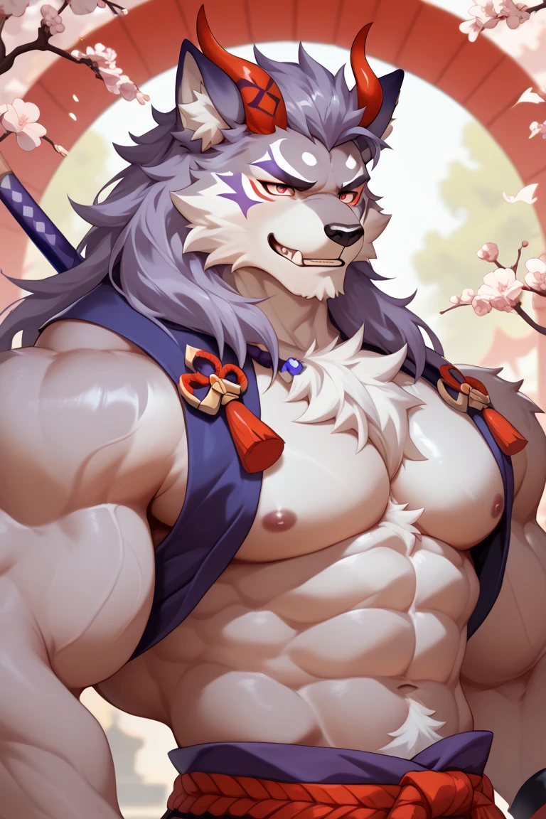 absurdres, ((best quality)), ((masterpiece)), (ultra detailed), perfect face,(sharp eyes),sharp focus,japanese anime,manga,((by null-ghost),by pino daeni), (male antro wolf):2.0,((indigo fur)), ((white belly)), vertical white on forehead, sharp eye,ultra-detailed eyes, exquisite eyes, (blue eyes), (wearing loinclothes),muscular male, reflection, (Great physique),strong arms man,middle-age, strong, (((sfw:1.5))), ((abs, strong muscle, 8 pack)), shirtless, claw, pink nipples,  (indigo wolf tail, long fluffy tail), handsome, majestic, Delicate canine teeth, official art, hairy, male, in the bamboo forest , (whole body view)