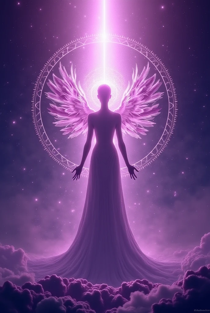 Luminous purple thread outlines an angel shape, glowing as if composed of mist, set against a pitch-black background, angelic form in ethereal mist, creating a contrast, captured in ultra high definition, ethereal, volumetric lighting.