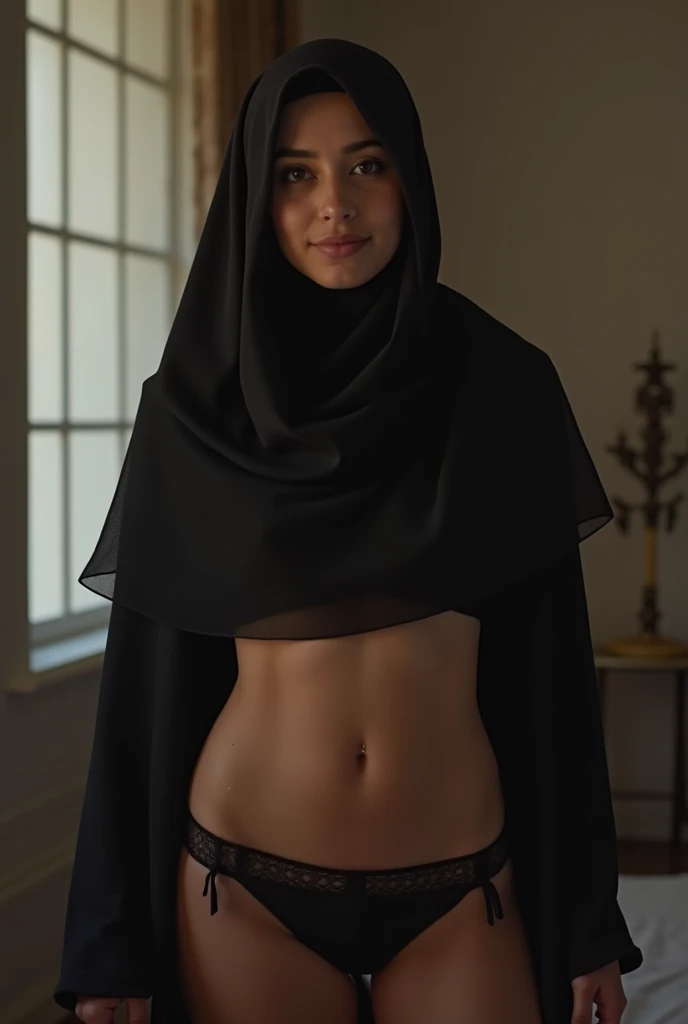 RAW photo,dark,moody,hazy atmosphere,35mm focal lenght,underexposed,cold,candid photograph,artistic,full body,photo of a beautiful,influencer,30yo Kurdish woman,hijab,detailed skin,fully naked,looking at viewer, thick body,candid pose,dim room,blue light, film grain, kodak color, instagram LUT