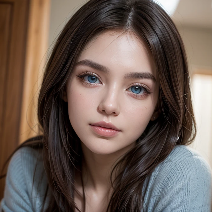 cristiaaot, 1 girl, Alone, Cristina Renz, SMILE, hair between the eyes, Blue eyes, by rubio, Jacket, medium hair,