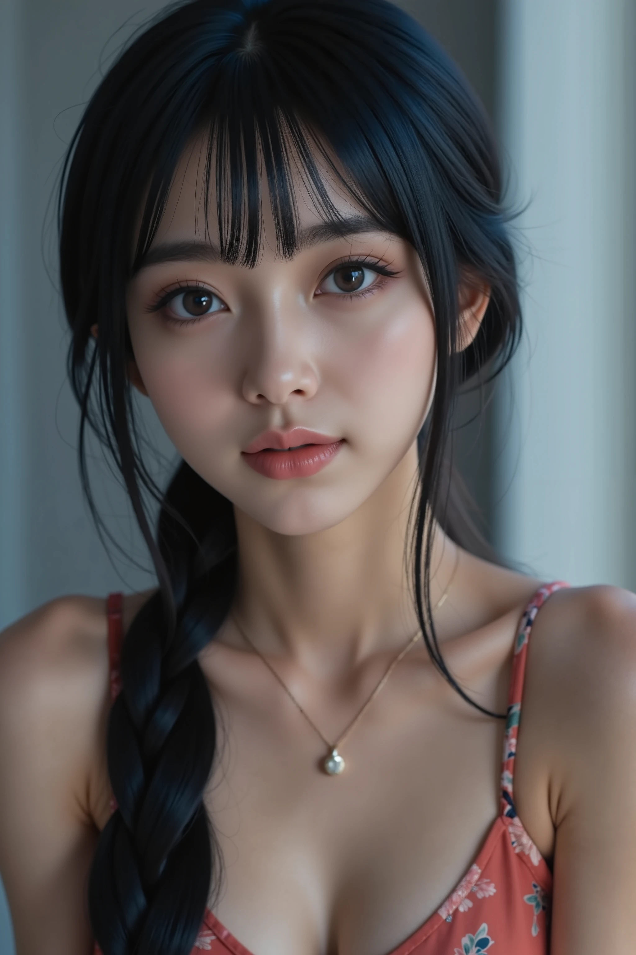 best quality,4k,8k,highres,masterpiece, ultra-detailed,(realistic,photorealistic,photo-realistic:1.37),gorgeous hair,blue black hair, feline shaped eyes,plump lips, necklace,(high detailed skin:1.4), a photorealistic close up of a 23 year old Chinese woman who has a breathtaking beauty, with waist-length straight blue black hair, illuminated face, she has princess-like features, a pointy small nose, a beautiful small face and piercing feline shaped eyes. beautiful face, gorgeous, pale skin full and shiny lips , big lips, round full lips, thick lips, a light smirk, lip gloss, skinny thighs, petite body, skinny, delicate look, choker, small skirt , in a bedroom with a soft, warm light, Perfect eyes, very detailed eyes with blunt eyeliner, beautiful and expressive, rosy cheeks, detailed eyes, wearing a douyin style makeup, 35mm photograph , film, bokeh, professional, 4k, highly detailed dynamic lighting, photorealistic , 8K,
