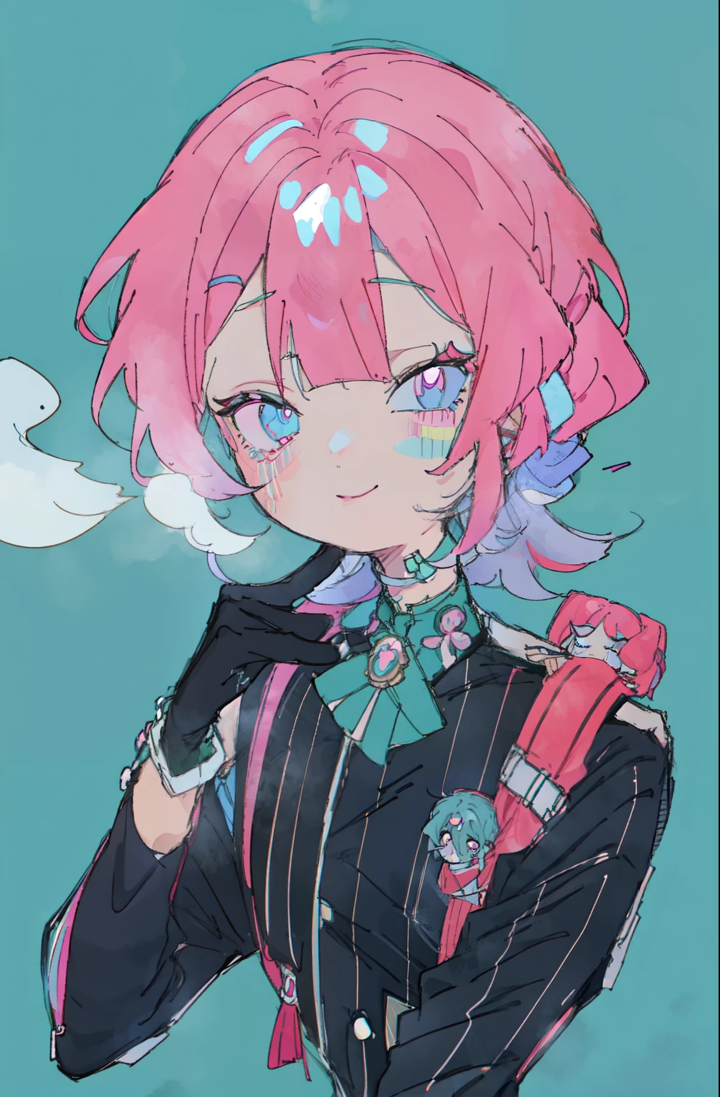 kpop girl with rizz smile face , awesome, black gloves, neon cyan pink hair , tattoos on hands and neck , perforation , Tomboy style oversized sweater with black and green stripes, pose cool and rude , smoke background, colorful smoke background