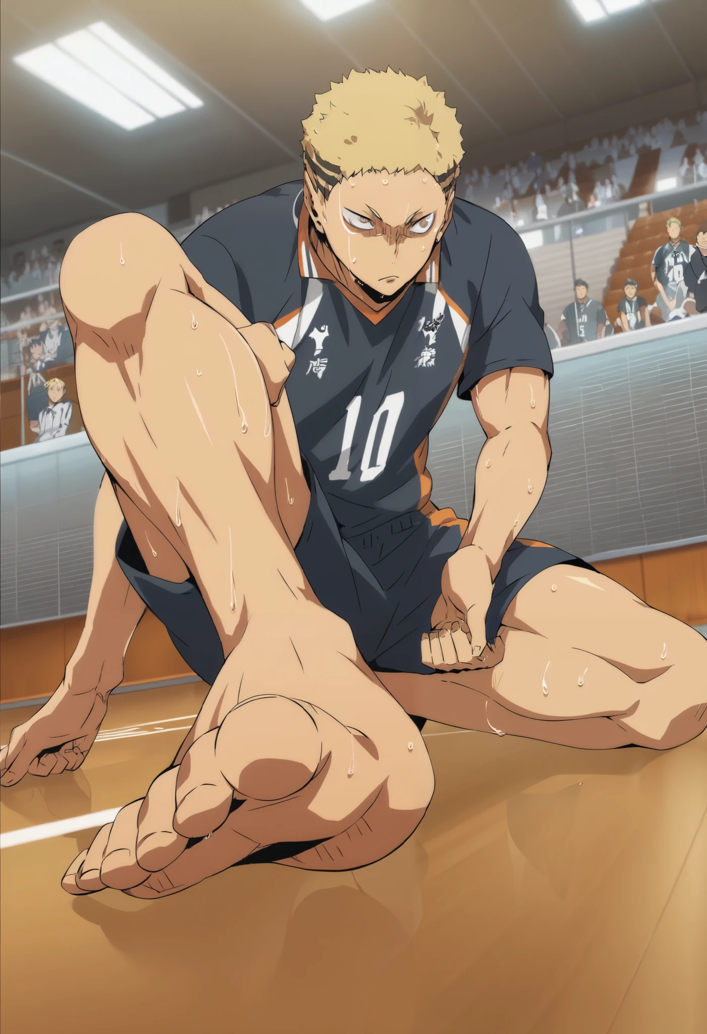 Kentaro Kyotani, Haikyuu , 1 , male focus , dark skin , Animated screenshot , Blonde with short haircut , haikyu. muscular body , a young man sitting on the floor , sensually . hands clutching one leg , legs wide open and showing his perfect sweaty feet . Big muscular body , physical fitness, his face is detailed anime , XL colors , eyes looking at the audience with many details . serious deep eyes . Take from below . only souls , barefoot. bare pectorals. perfect body . perfect and detailed anatomy .