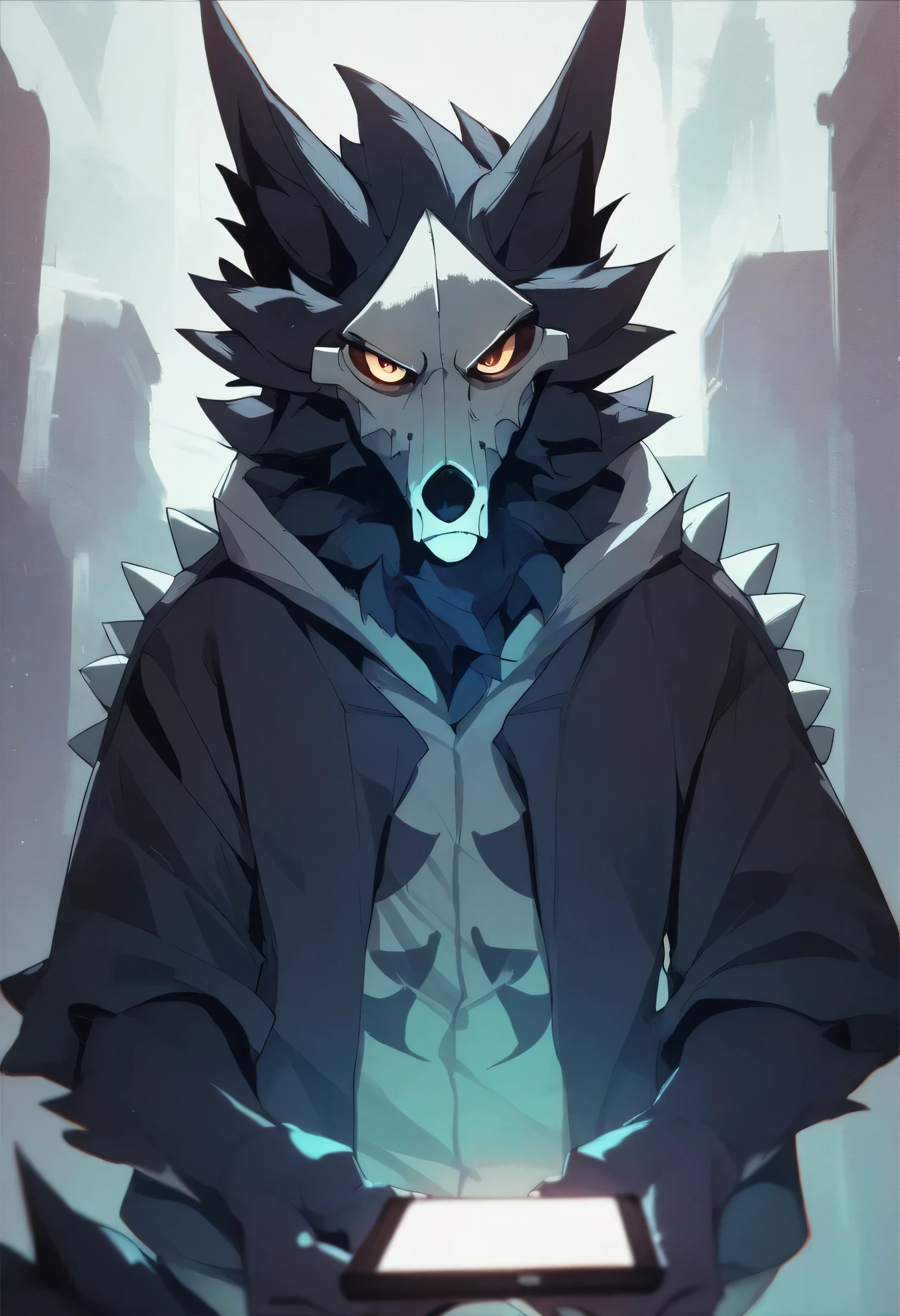 Score_9, Score_8_Up, furry, Break, Source_Anime, (1 man, Alone), Thin, Thighs, Fluffy Black Fur, Wolf Skull,Cadaver Skulldog, glowing yellow eyes, wearing spiked hoodie, holding phone, CCTV pov