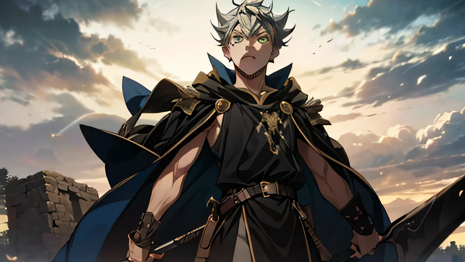 Asta from Black Clover with short, spiky silver hair styled upward, holding a massive black sword with intricate rune-like markings. He has an intense expression of determination, his green eyes glowing faintly with power. His outfit is a mix of medieval and fantasy armor, featuring a sleeveless dark tunic, leather straps, and a flowing black cloak with a golden emblem. He stands in a dynamic pose on a rugged battlefield, surrounded by dark energy swirling in the air. The setting is dramatic, with a cloudy sky and rays of sunlight breaking through, emphasizing his heroic and magical presence."