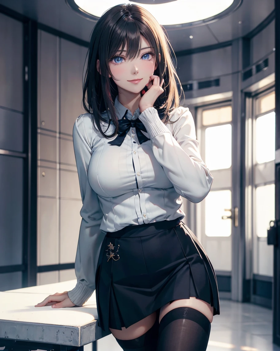 juri han, work of art, tight white secretary shirt with black tie, black high waist skirt, short skirt, short hair, black hair, black tights
evil smile