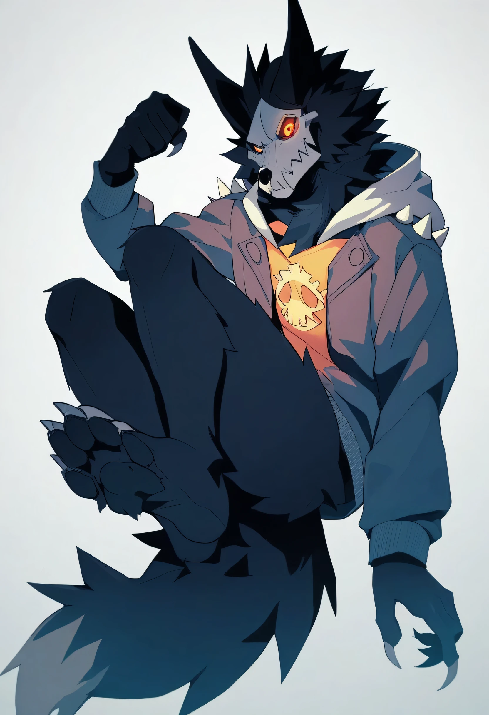 Score_9, Score_8_Up, furry, Break, Source_Anime, (1 man, Alone), Thin, Thighs, Fluffy Black Fur, Wolf Skull,Cadaver Skulldog, glowing yellow eyes, wearing spiked hoodie, paw, embarressed expression, foot focus