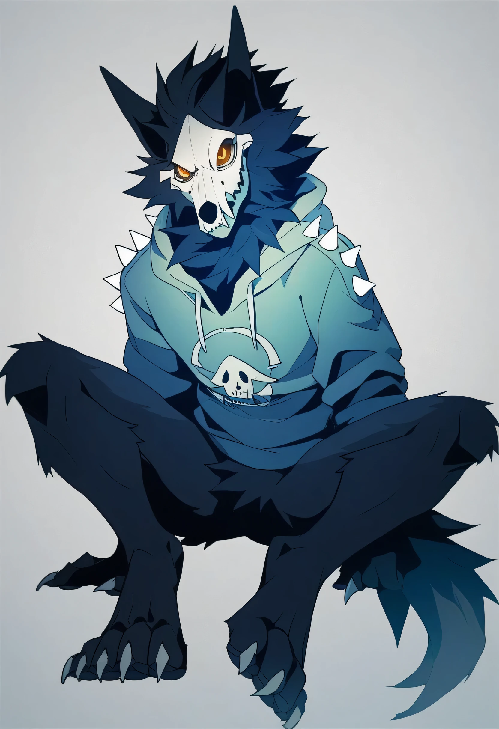 Score_9, Score_8_Up, furry, Break, Source_Anime, (1 man, Alone), Thin, Thighs, Fluffy Black Fur, Wolf Skull,Cadaver Skulldog, glowing yellow eyes, wearing spiked hoodie, paw, embarressed expression, foot focus