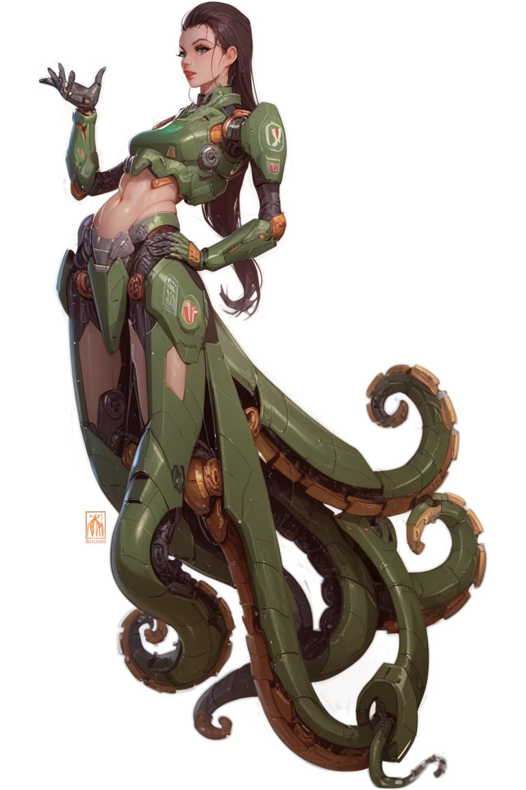 Cartoon photo of woman in green and red costume, hot insect humanoid woman, Guyver style, SFW version, red eye, scaraber reploid, tail, cel shade adult animation, alien queen, serpentine pose, --auto --s2
