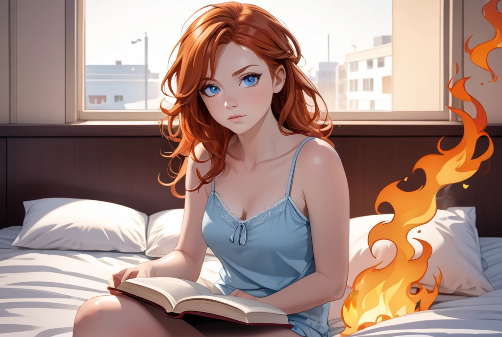lying face down on the sofa reading a book, hair colored with colored highlights, large and baggy pajamas leaving skin exposed in a sexy way, comfortable living room in the late afternoon,