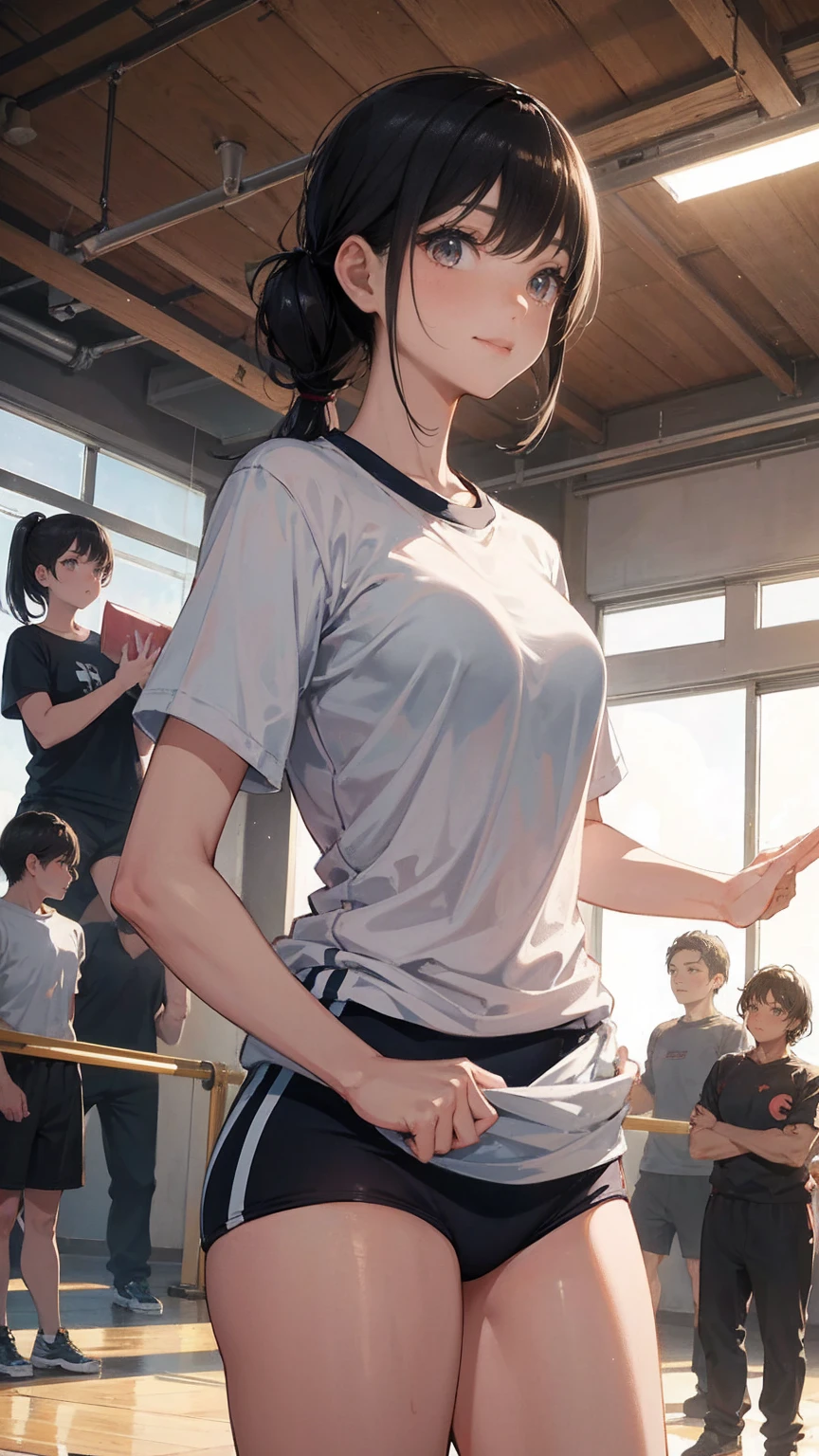((perfect anatomy:1.5,realistic:1.3,RAW Photography:1.3,masterpiece、highest quality、Ultra - High resolution、High resolution、Highly detailed CG、8K)),cowboy shot,1 female,solo,street dancer,18-year-old、High school girl beautiful girl,Japanese,((beautiful detailed face and eyes:1.2,big gorgeous eyes:1.2,gray eyes)),dark brown hair,short bob hair,bangs,medium breasts,slender body,small head:1.3,skinny,(oily skin,gleaming skin,shiny skin、sweat:1.7),(dancing:1.5),((HIP-HOPファッション、hoodie sweatshirt,crop top、navel、Oversized pants,sneaker shoes)),dance studio,Tokyo、