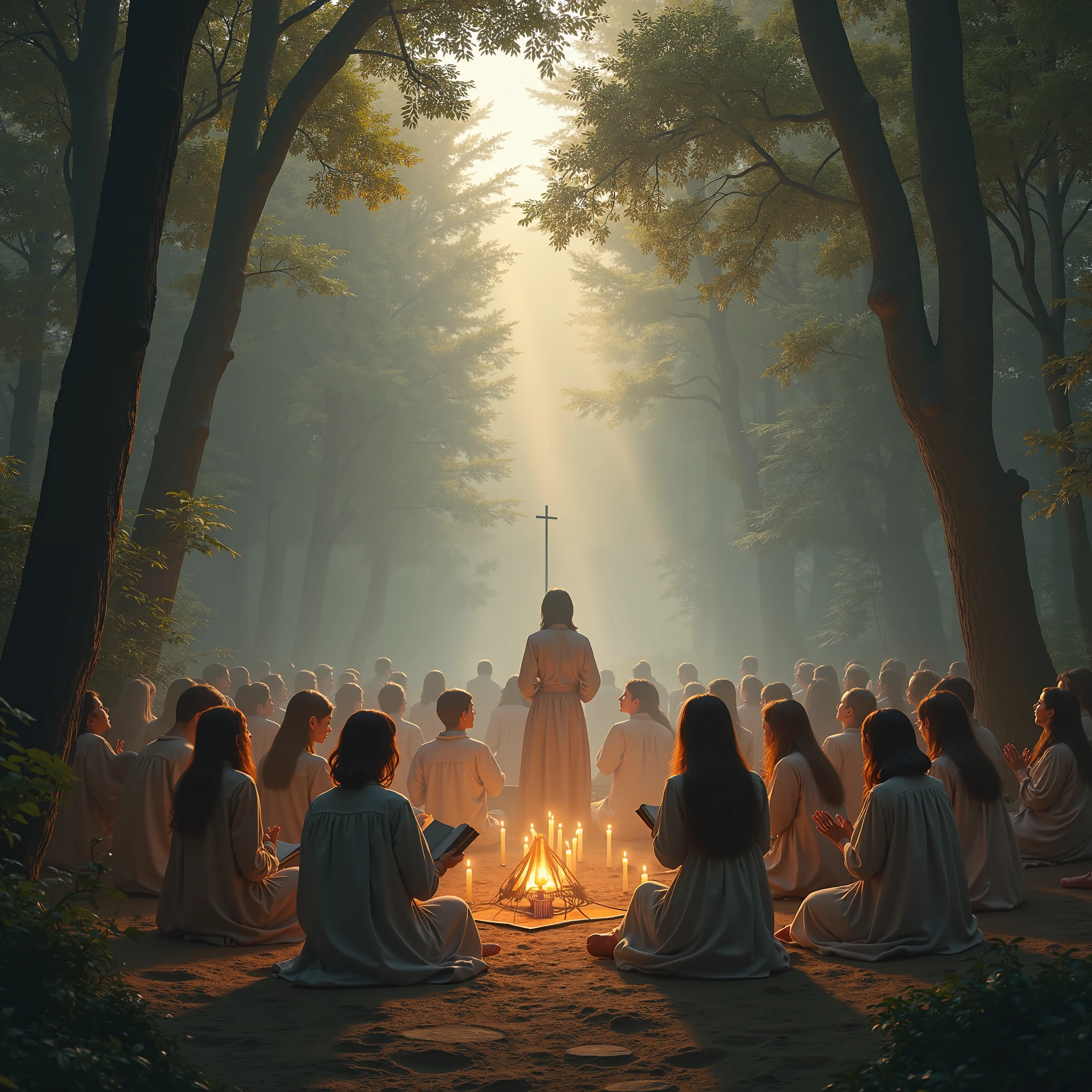 Mystical Forest Ritual: Verdant greens, ancient tree spirits, glowing crystals, earthy textures, shamanic symbols, a sense of spirituality.