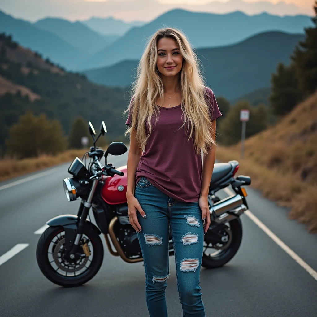 backgraund mountains    ginger woman with small breast loose blouse with a shorts setaing on the motorbikes