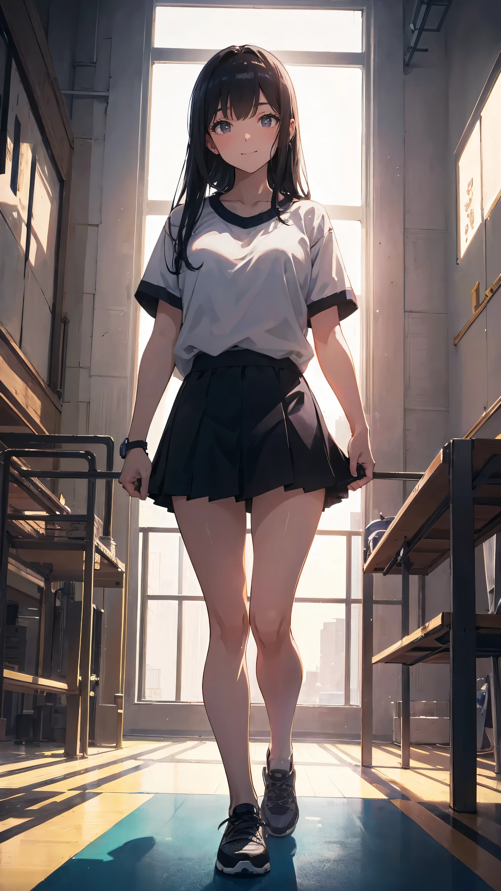 Tall、A black-haired high school girl with excellent athletic ability, Wearing a gym uniform, Holding a volleyball, Stand with Confidence, Cheerful and smiling, In a large school gym, Surrounded by classmates, Bright sunlight streaming through the window, Her posture is strong、Excellent athletic ability, Her eyes are full of energy, In the background, they are teasing her., She is unfazed, Anime Style, Bright and warm lighting, Detailed Gym Background, Dynamic composition, 8K quality, Very detailed