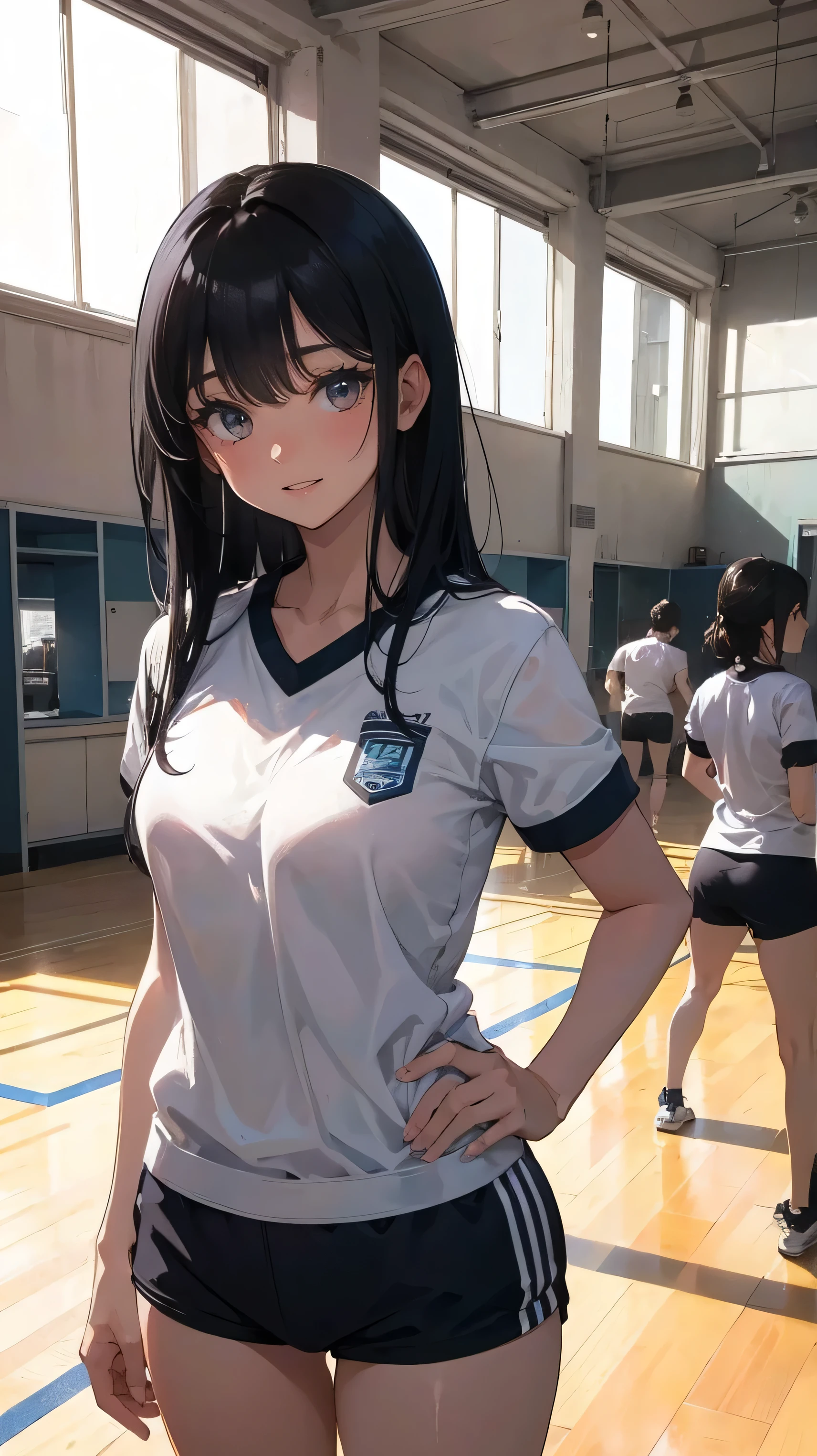 Tall、A black-haired high school girl with excellent athletic ability, Wearing a gym uniform, Holding a volleyball, Stand with Confidence, Cheerful and smiling, In a large school gym, Surrounded by classmates, Bright sunlight streaming through the window, Her posture is strong、Excellent athletic ability, Her eyes are full of energy, In the background, they are teasing her., She is unfazed, Anime Style, Bright and warm lighting, Detailed Gym Background, Dynamic composition, 8K quality, Very detailed
