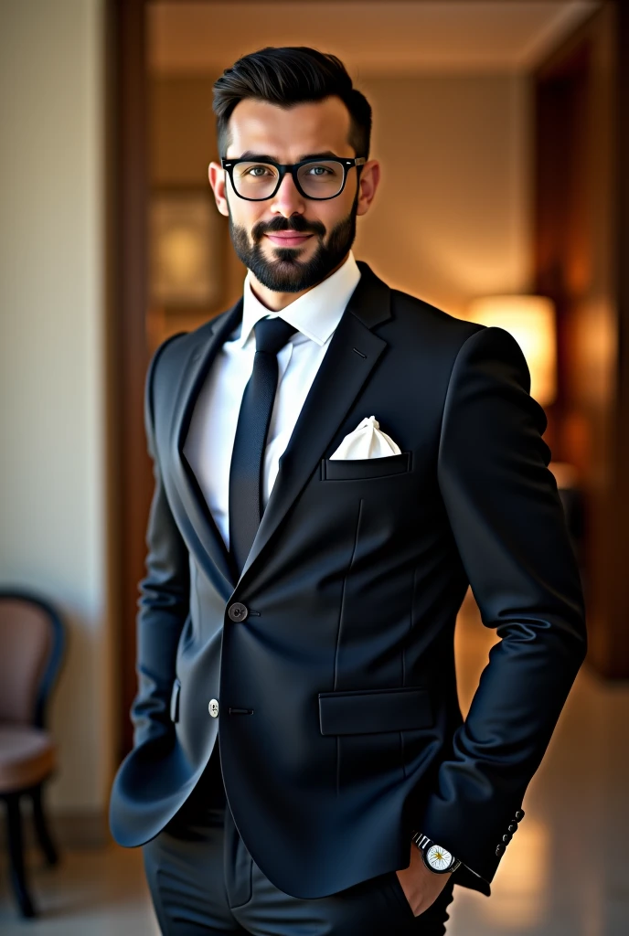 handsome man, short black hair, wearing fashionable suit, ((realistic)). (full body), -beard, natural face, inside the hotel, looking at the camera, fashionable glasses, 