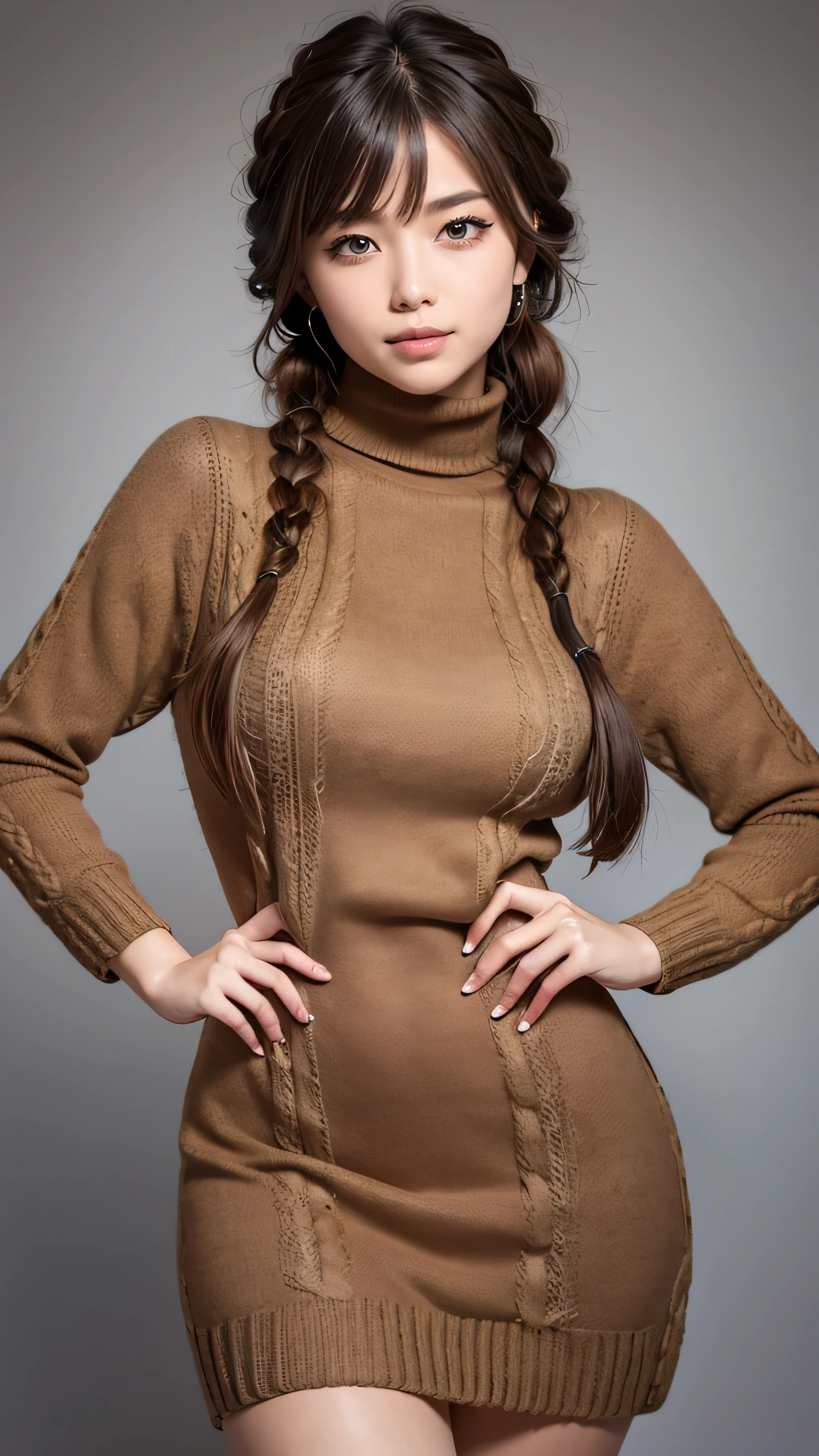 realistic, masterpiece, best quality , 8k, anatomically correct, accurate human body structure with a knife in hand, One Japanese Woman, show a little teeth and smile, fine and beautiful eyes, Sparkling eyes, False eyelashes, ( gal makeup:1.2), (Braided Hair, dull bangs, bright brown hair :1.2), detailed face, Sharp Eyes, (knitted turtleneck dress:1.3), upper body, warm colored background