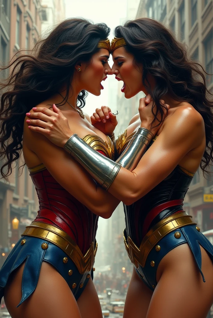(sweaty)(muscular)A very sweaty (Super Girl) is punching a very sweaty muscular (Wonder Woman) in the gut. Wonder Woman is very hurt and she spit out a lot of milk. Lot and Lot of water continously dropping from Wonder Woman's mouth to the floor. There is lot of sweat on her muscular body. She's coughing and breathing hard.