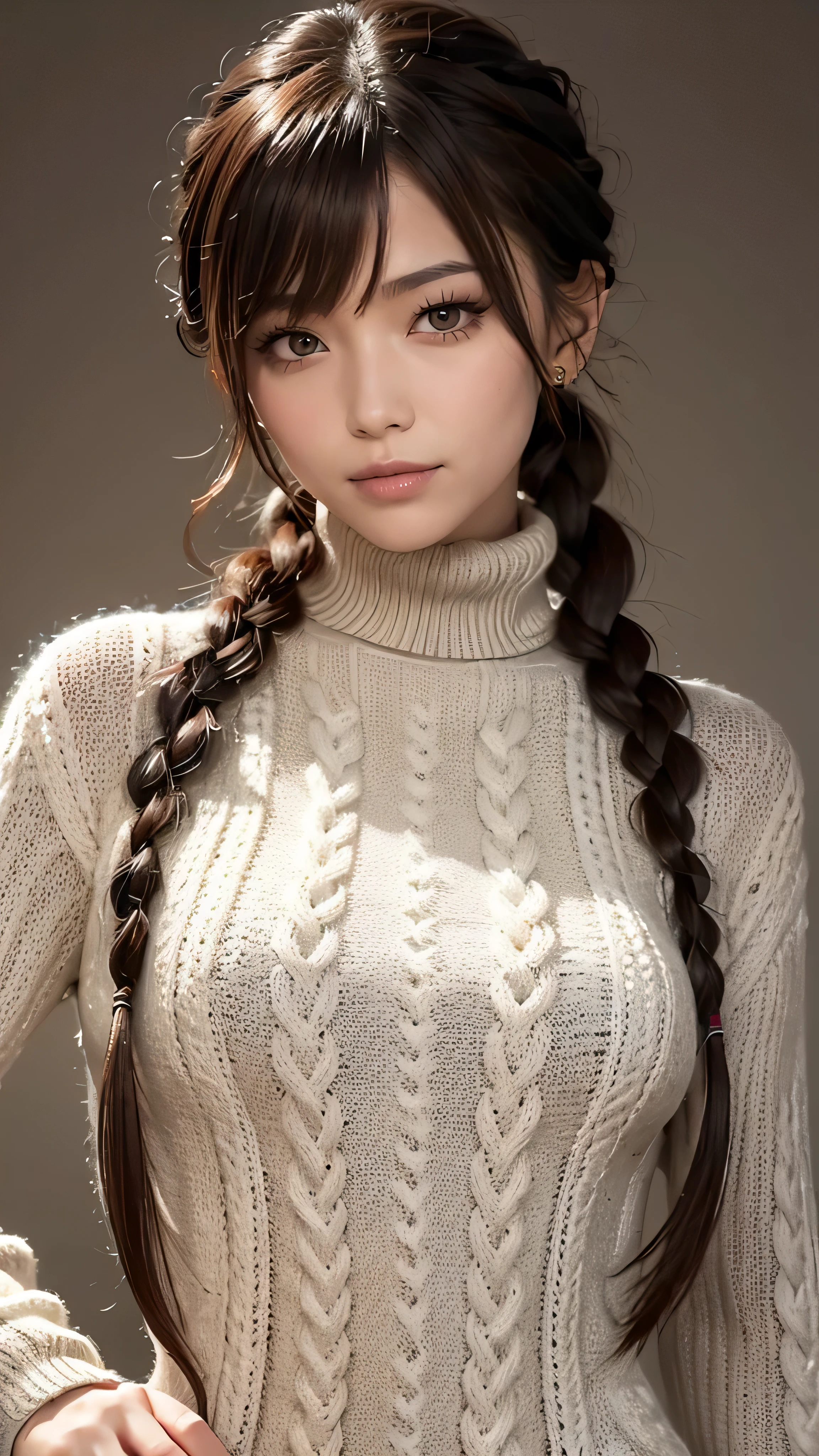 realistic, masterpiece, best quality , 8k, anatomically correct, accurate human body structure with a knife in hand, One Japanese Woman, show a little teeth and smile, fine and beautiful eyes, Sparkling eyes, False eyelashes, ( gal makeup:1.2), (Braided Hair, dull bangs, bright brown hair :1.2), detailed face, Sharp Eyes, (knitted turtleneck dress:1.3), upper body, warm colored background