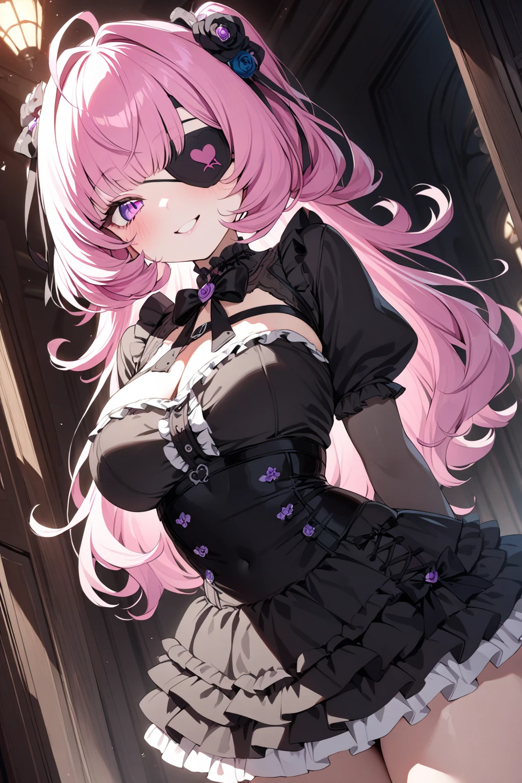 1girl, hime cut,straight short bangs,very long hair, opera dress, pink hair, pink eyes, gala gloves,
(high resolution, high detail, best quality), shy, fearful, large breast, beautiful,open