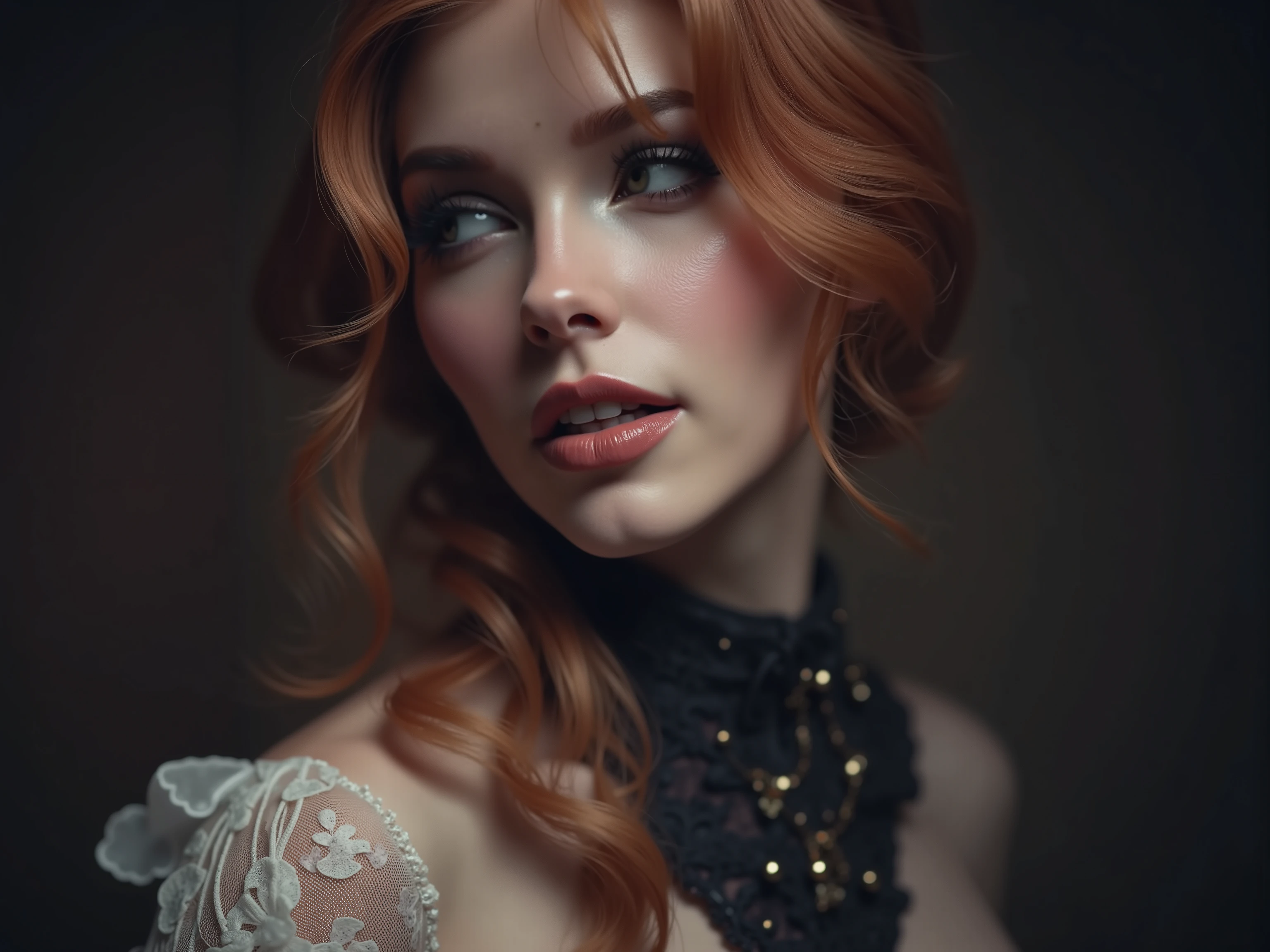    quality and details :

  Full Body photo,  (8k, HD,  ultra-detailed ,  realistic ,  masterpiece: 1.3), (foto realistic e Texturen,  clear focus ,  cinematic lighting), (natural skin tones, soft shadows,  vivid details ).

 scene and lighting :

     Close-up of a stunning woman in an elegant ,  tight corset and fine stockings .
     The corset accentuates her slim figure with delicate frilly decorations and luxurious details,  inspired by Rococo Style and modern elegance .
    quite a bit,  warm lighting sets the woman off perfectly ,  with soft highlights ,  that accentuate the textures of the corset and her graceful facial features .

 character and atmosphere :

     The woman is reminiscent of Amouranth and Anna Nikonova  (Newmilky),  with  expression ,  red hair and radiant beauty .
     your outfit combines  ,  Victorian aesthetics and stylish modernity ,  creates a fascinating ,  elegant look .
     The scene conveys a sense of appeal and glamor ,  inspired by Elena Guro's classical art with a modern , sensual touch .

Stil und Inspiration:

    Eine foto realistic e Darstellung mit stilvollen Elementen aus Rococo,  combined with contemporary beauty ,  that seamlessly combines elegance and  .