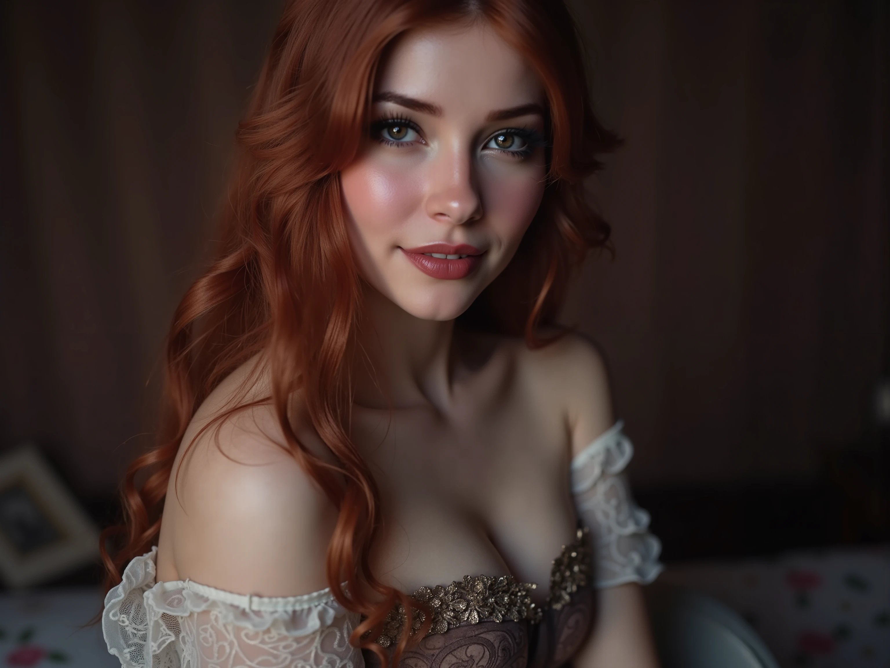    quality and details :

  Full Body photo,  (8k, HD,  ultra-detailed ,  realistic ,  masterpiece: 1.3), (foto realistic e Texturen,  clear focus ,  cinematic lighting), (natural skin tones, soft shadows,  vivid details ).

 scene and lighting :

     Close-up of a stunning woman in an elegant ,  tight corset and fine stockings .
     The corset accentuates her slim figure with delicate frilly decorations and luxurious details,  inspired by Rococo Style and modern elegance .
    quite a bit,  warm lighting sets the woman off perfectly ,  with soft highlights ,  that accentuate the textures of the corset and her graceful facial features .

 character and atmosphere :

     The woman is reminiscent of Amouranth and Anna Nikonova  (Newmilky),  with seductive expression ,  red hair and radiant beauty .
     your outfit combines sexy lingerie ,  Victorian aesthetics and stylish modernity ,  creates a fascinating ,  elegant look .
     The scene conveys a sense of appeal and glamor ,  inspired by Elena Guro's classical art with a modern , sensual touch .

Stil und Inspiration:

    Eine foto realistic e Darstellung mit stilvollen Elementen aus Rococo,  combined with contemporary beauty ,  that seamlessly combines elegance and seduction .