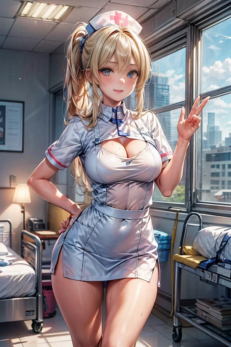 ((Best quality, 8K, Masterpiece,photorealistic: 1.3)), (ideal ratio body proportions:1.7),(Sharp: 1.3),( Perfect body skinny beauty: 1.4), (Slim abs: 1.3),(thigh gap:1.5), ((Layered Hair Style,blonde hair, Big breasts: 1.2)), ((white Leotard Nurse uniform、very skinny:1.5))、cleavage、White pantyhose、hospitals、Hospital Room、on Patient bed、 (gravure pose:1.6),(thigh gap:1.5),(Highly detailed sexy cute face and skin texture:1.5),super model body, (Detailed beautiful eyes,eyes focus:1.5),(from side:0.8),( Looking at the camera:1.4),