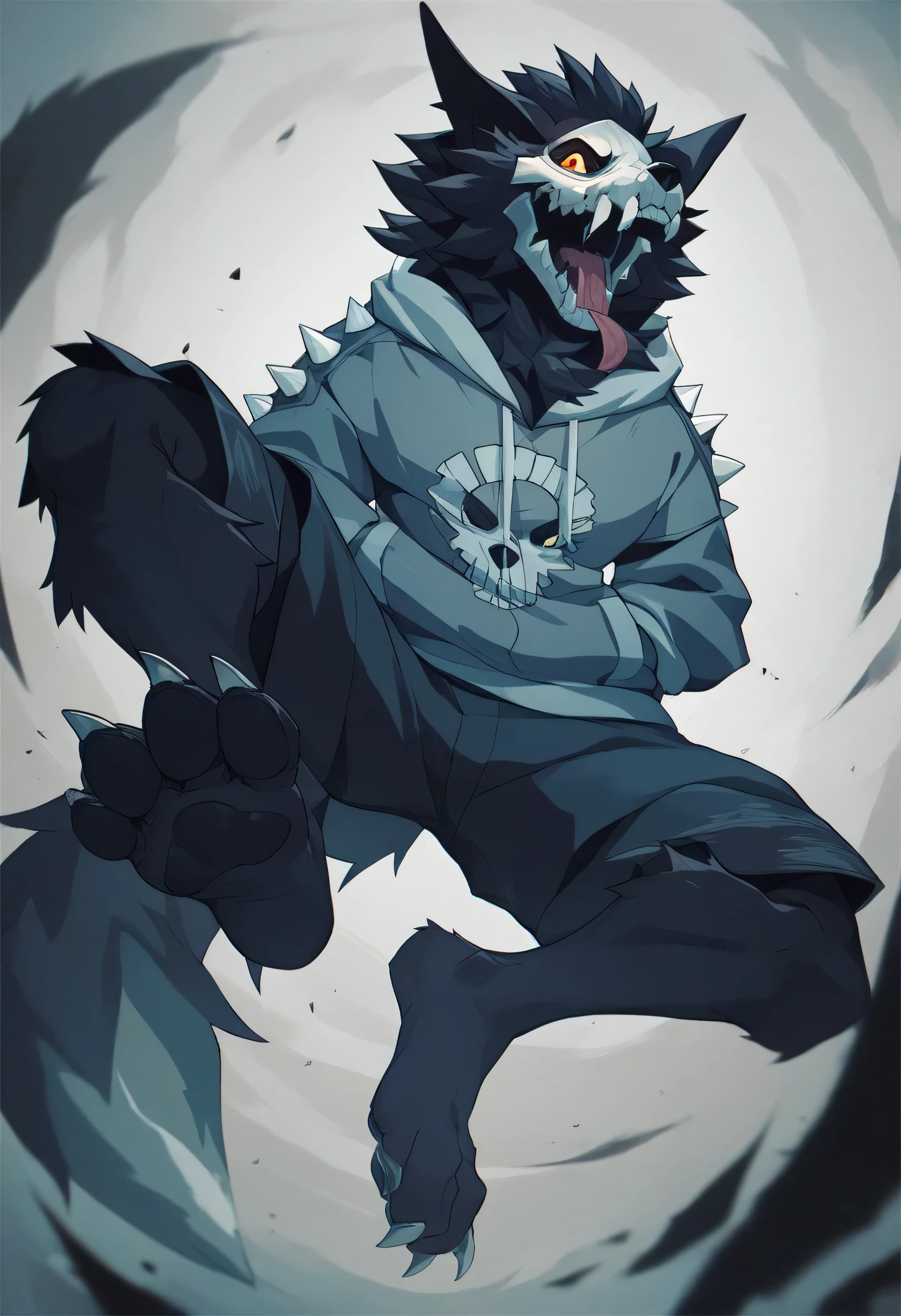 Score_9, Score_8_Up, furry, Break, Source_Anime, (1 man, Alone), Thin, Thighs, Fluffy Black Fur, Wolf Skull,Cadaver Skulldog, wearing spiked hoodie, paw, embarressed expression, foot focus, yellow tongue, extreme close up bellow shot