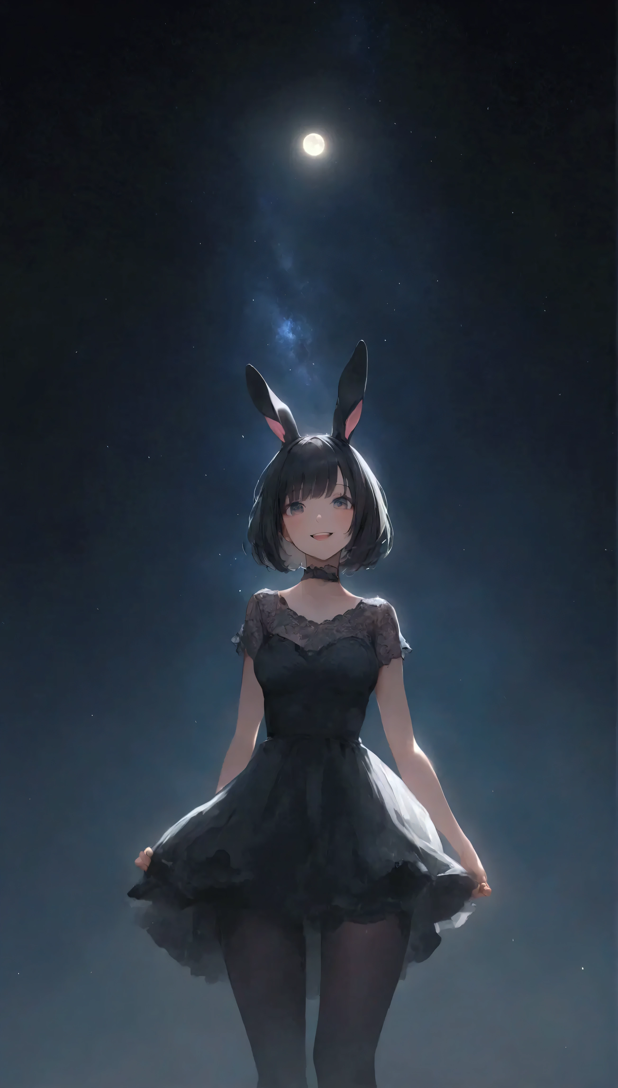 very detailed , ((( very detailed 目と顔))), five fingers , ( best quality , Masterpiece, High Definition ), ( High Definition スキン: 1.2), 8K ultra HD, blurred background , smile, Excited, one woman , Bunny ears, Midnight, absurd, (abyss), dark background , black background, Reflection of light, full moon, Meteor Shower, Starry Sky, Tiered Skirt , Lace top, Long Boots , bob cut from the front