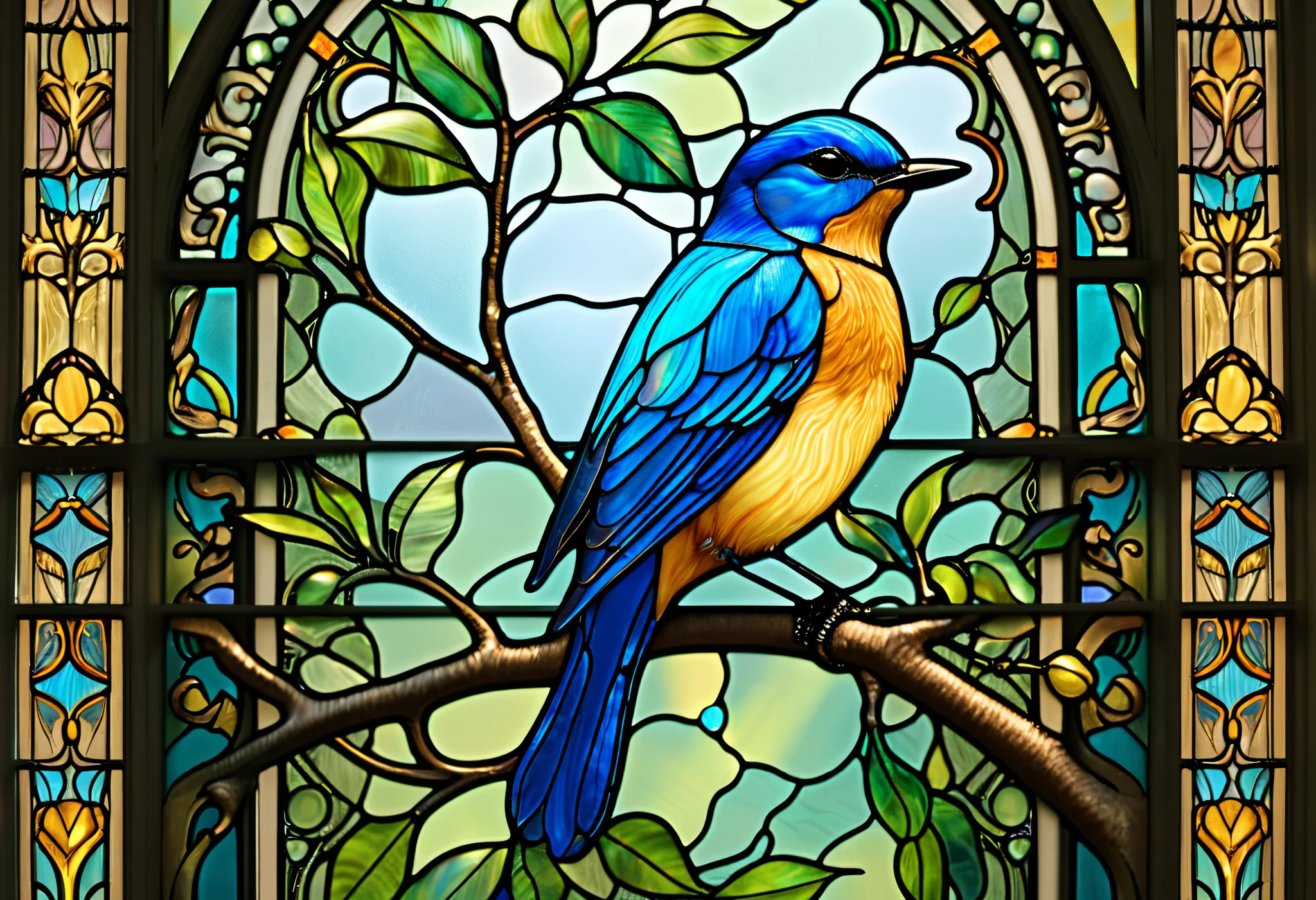 a blue bird sitting on a branch of a tree in front of a Stained Glass window, elaborate painting inspired by Louis Comfort Tiffany, behance contest winner, Art Nouveau, Stained Glass art, intricate Stained Glass, blue bird , Stained Glass style, beautiful Stained Glass window, Stained Glass, Stained Glass, beautiful detail, masterpiece Stained Glass, Stained Glass!!, Stained Glass window
