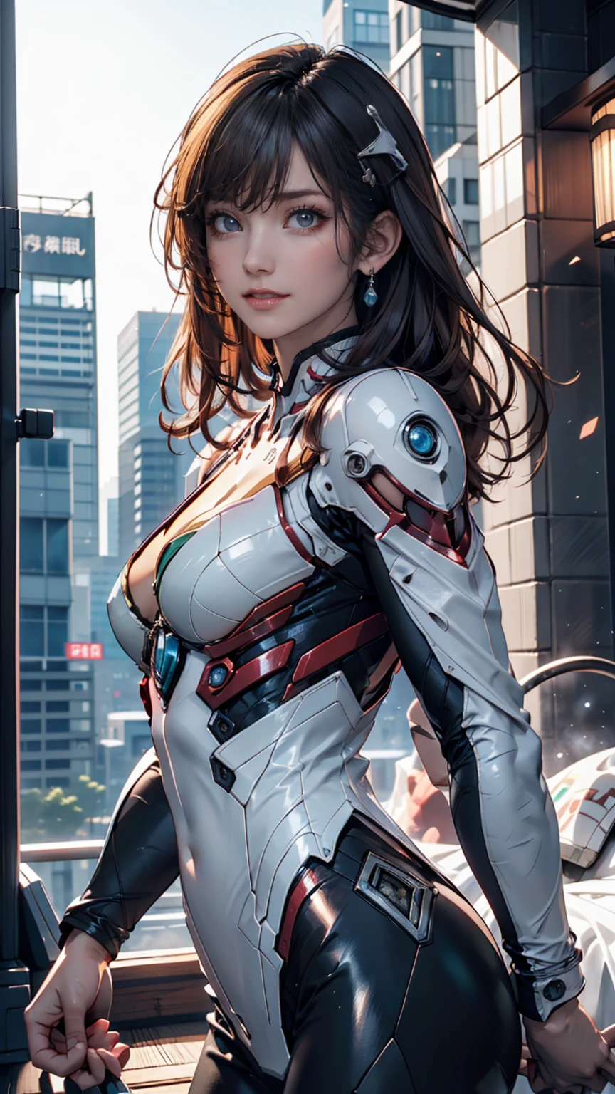 masterpiece, best quality, ultra-detailed, illustration, 1girl, highly detailed evangelion costume, (large robot background), detailed skin texture, beautiful detailed face, intricate details, ultra detailed