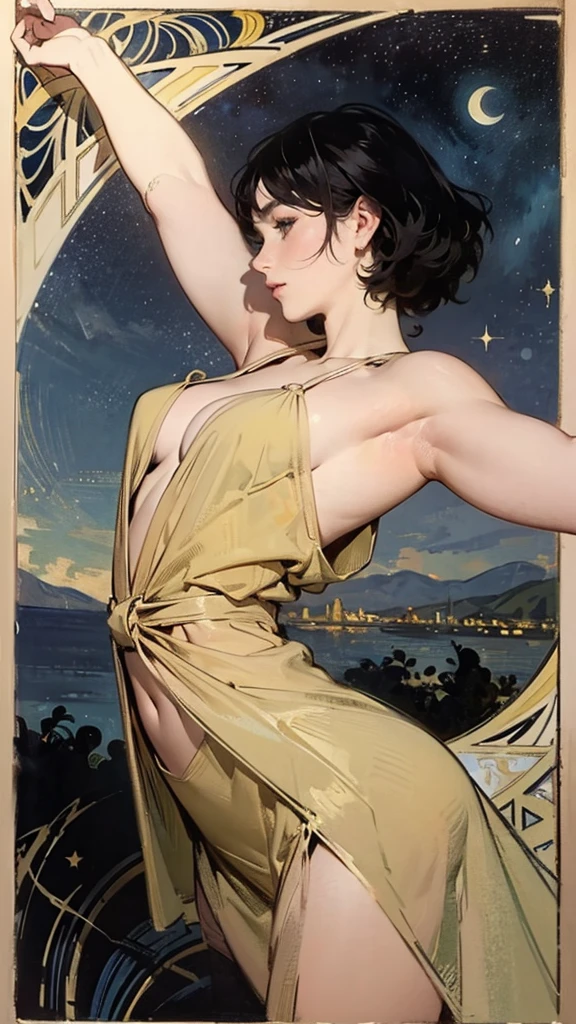 ((masterpiece)), (best quality), (Work), Art Nouveau watercolor painting , moon goddess , big breasts,The nipples are prominently prominent,robe,thong,show navel,exposed camel toe,big eyes, long, thick eyelashes, plump lips, dark red eyes, hair long and thick, high ponytail, chubby, flowery_background, Intricate designs and patterns in the style of Alphonse Mucha, from below.